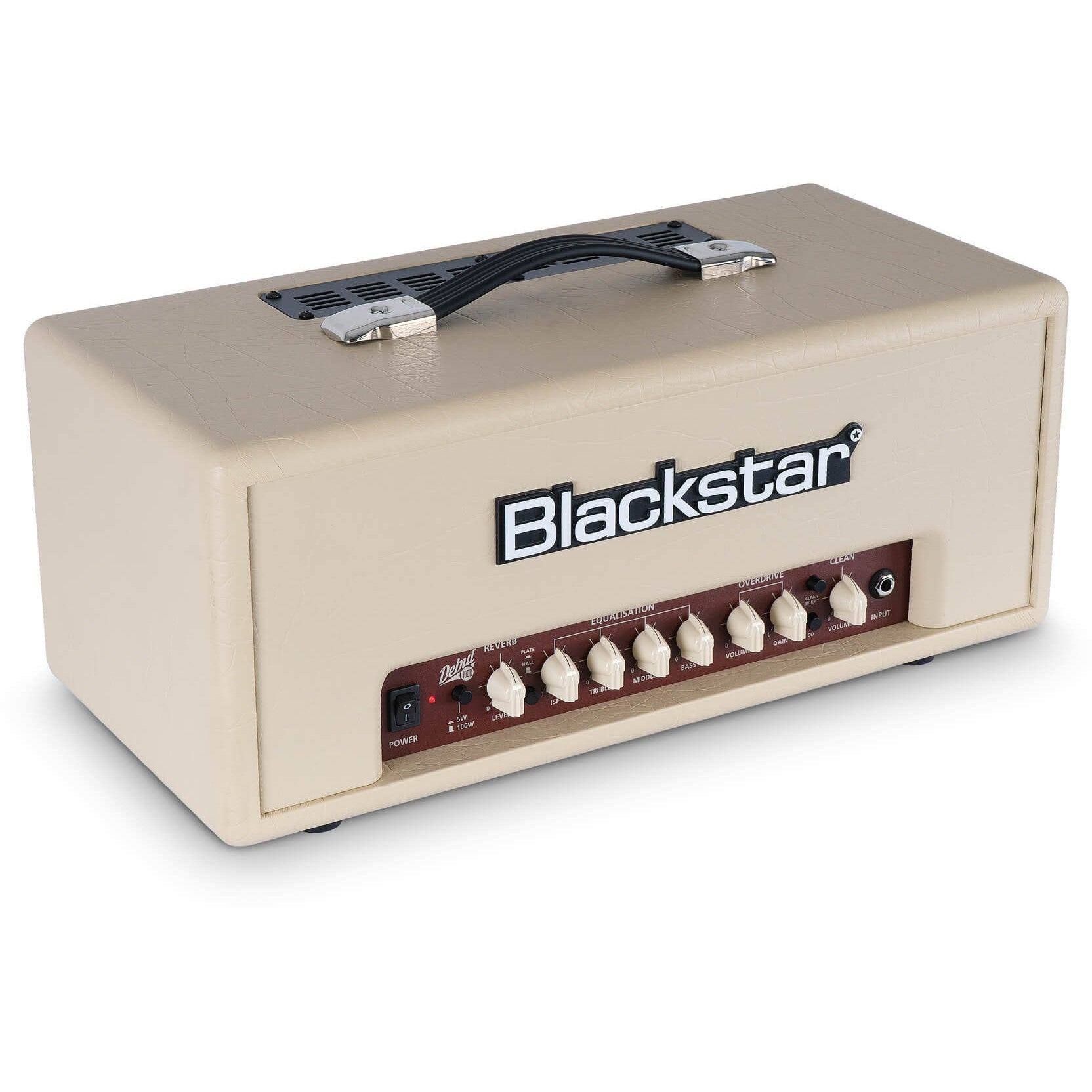 Een beige gitaarversterker met zwart logo en bedieningsknoppen.