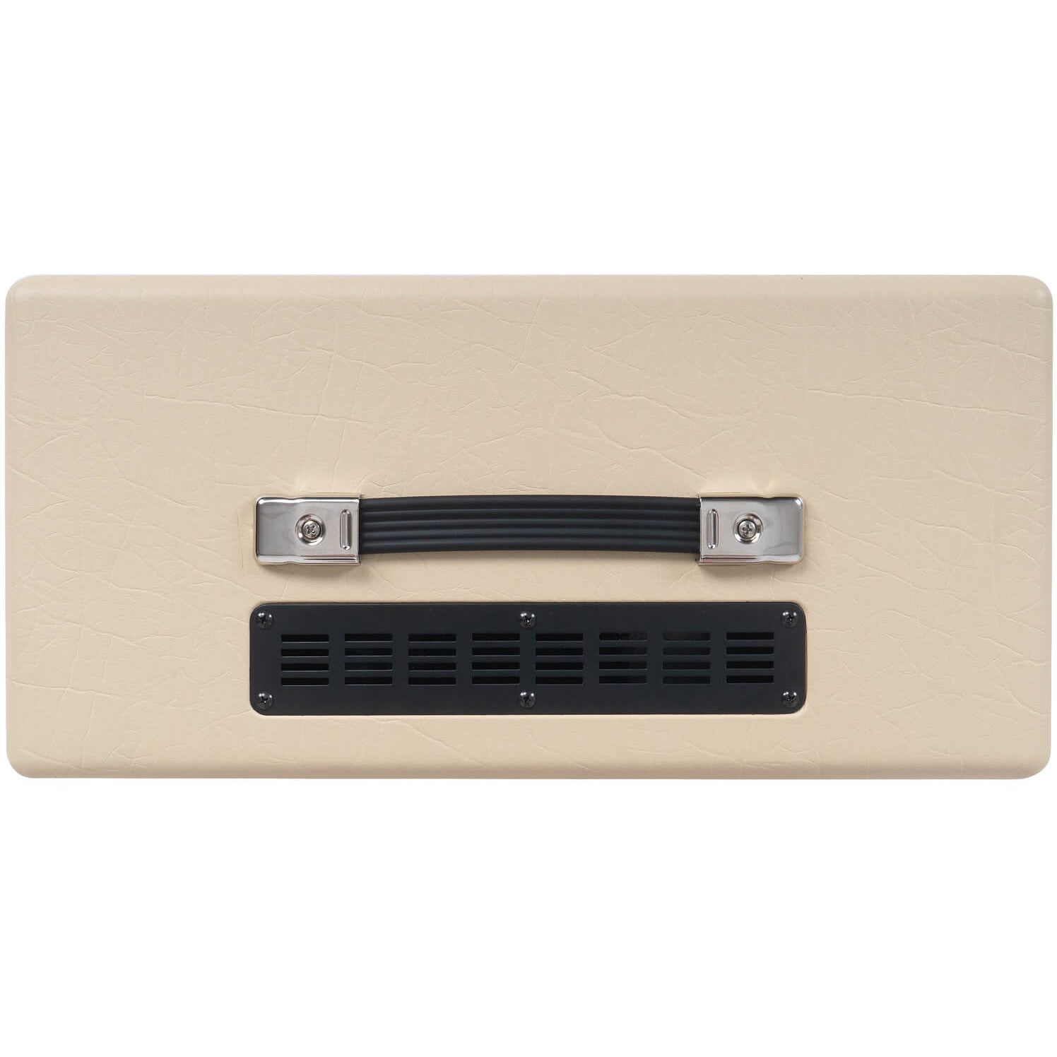 Beige gitaarversterker met zwart handvat en ventilatierooster.