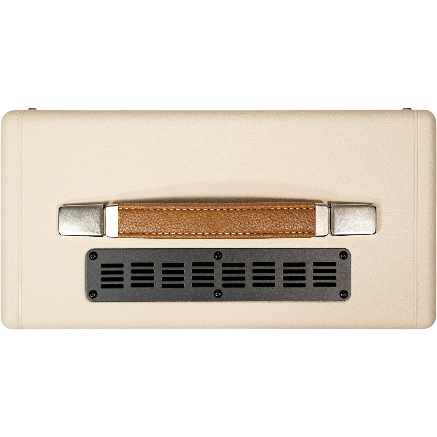 Crèmekleurige versterker met bruin leren handvat en zwart ventilatie.