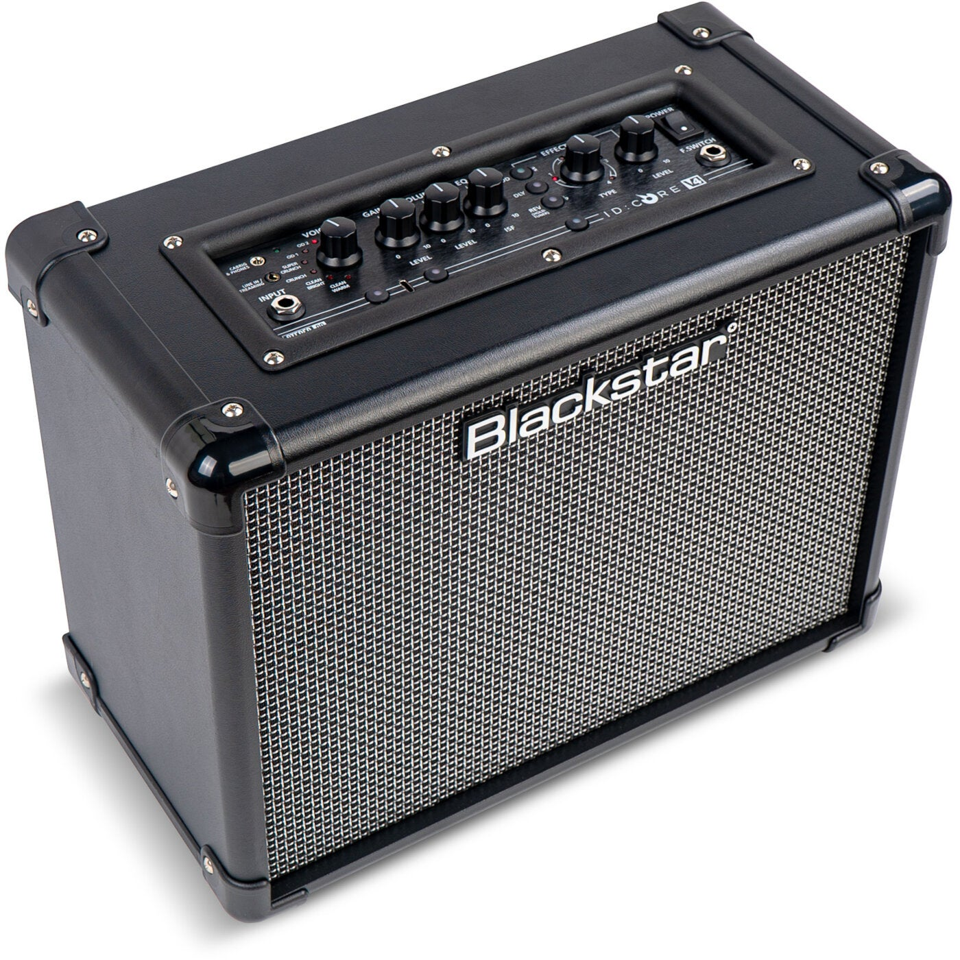 Een zwarte Blackstar gitaarversterker met zilveren luidsprekergrill en bedieningsknoppen.