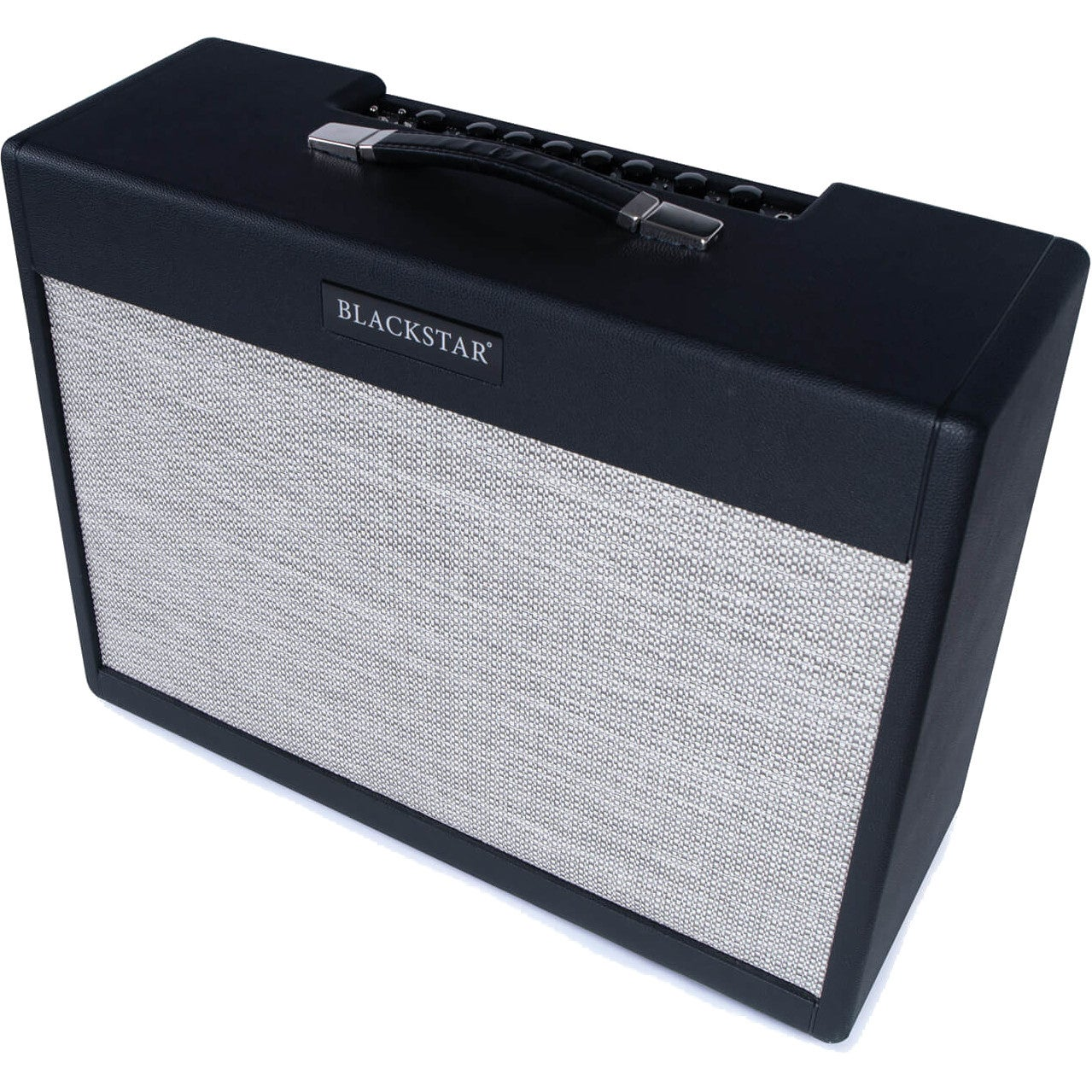 Zwarte gitaarversterker met zilverkleurig speakerdoek en handvat.