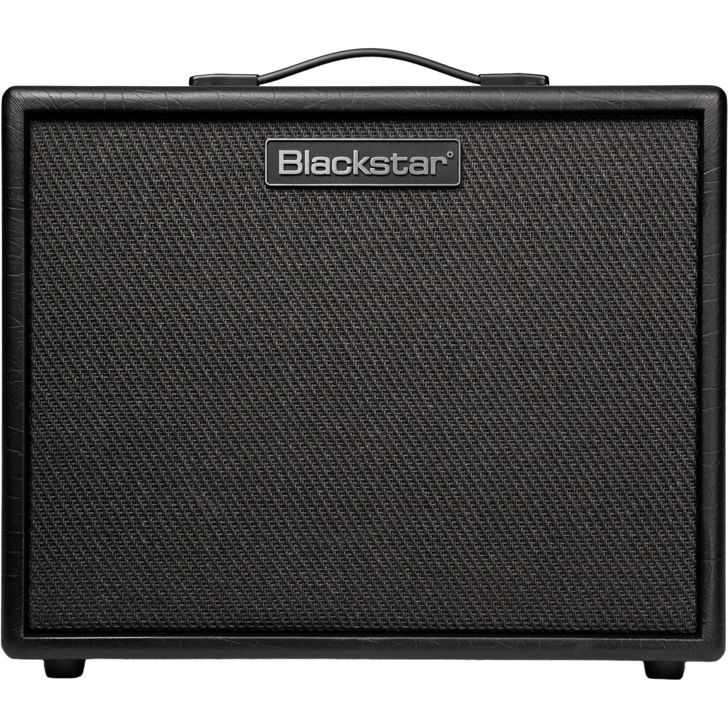 Een zwarte Blackstar gitaarversterker met stoffen grill en handvat.