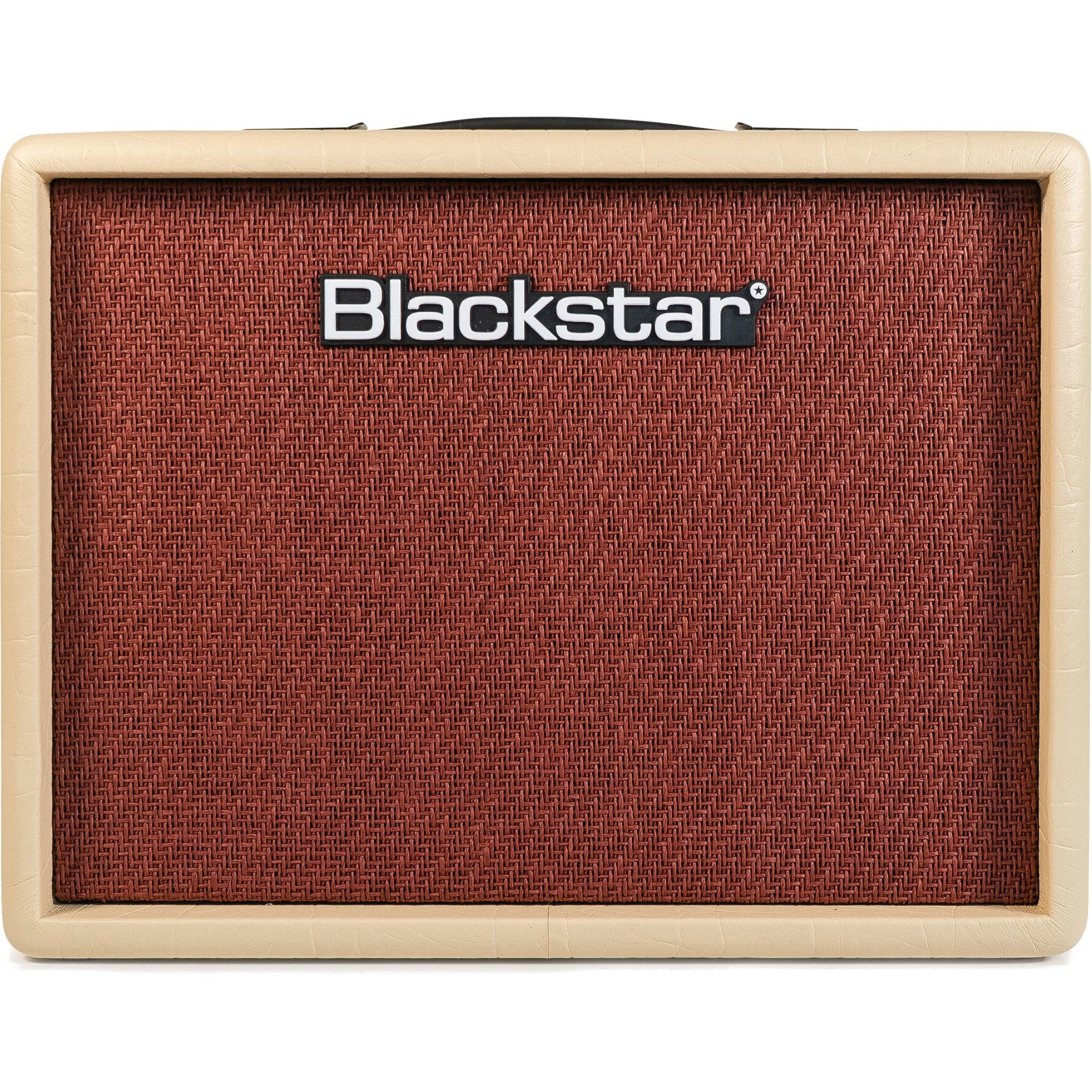 Een bruine gitaarversterker met het Blackstar-logo.