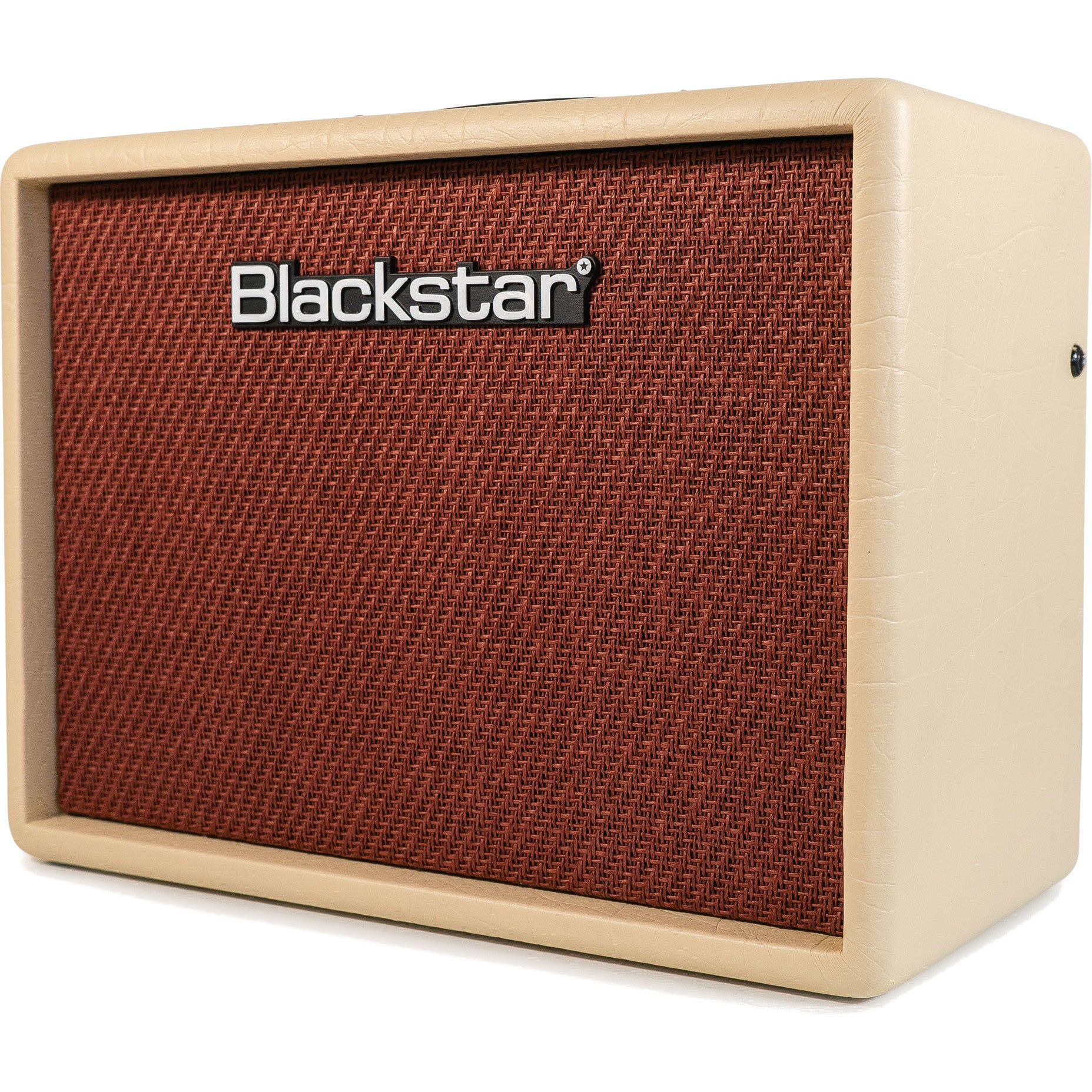 Beige gitaarversterker met bruin stoffen rooster en Blackstar-logo.