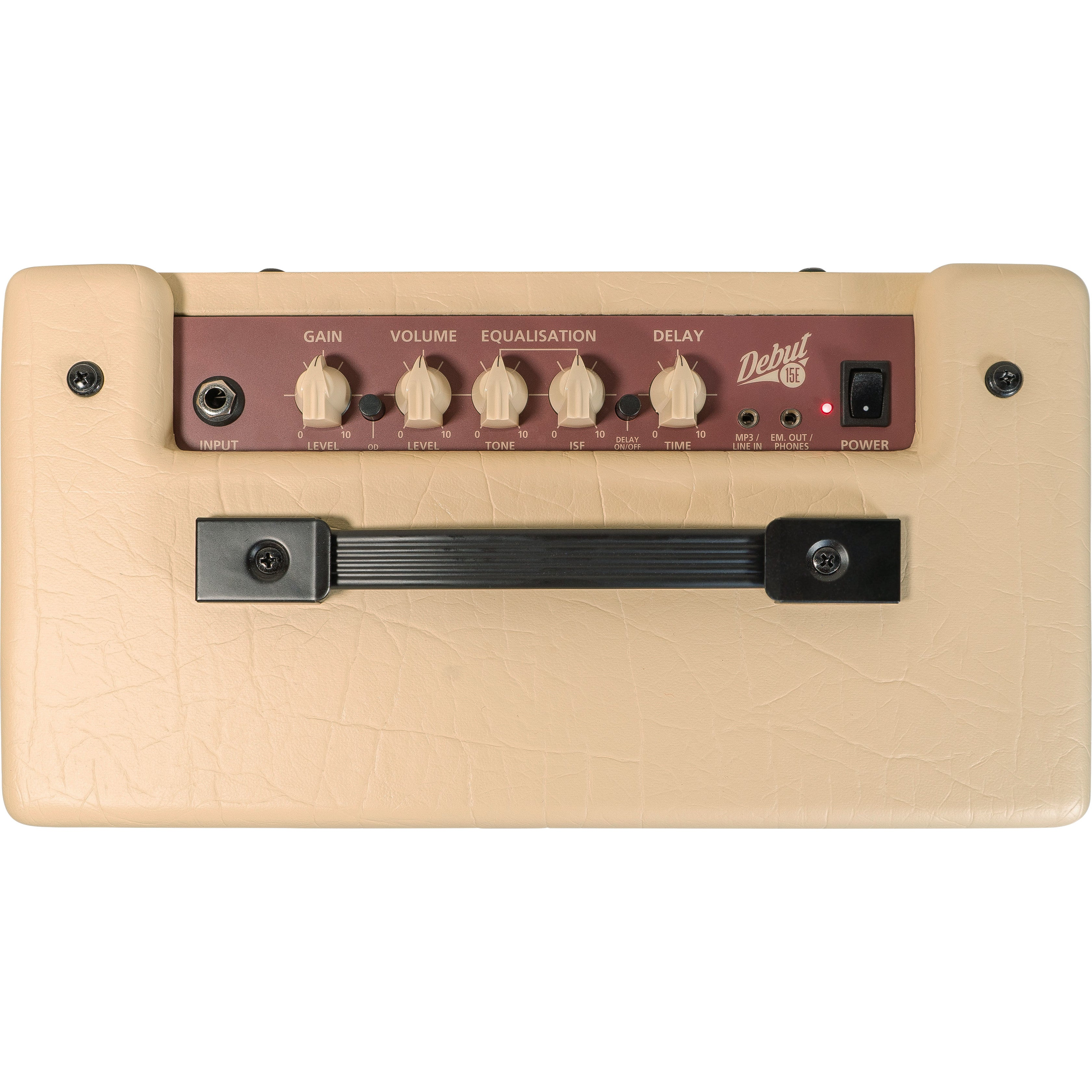 Een beige gitaarversterker met bedieningselementen bovenop.