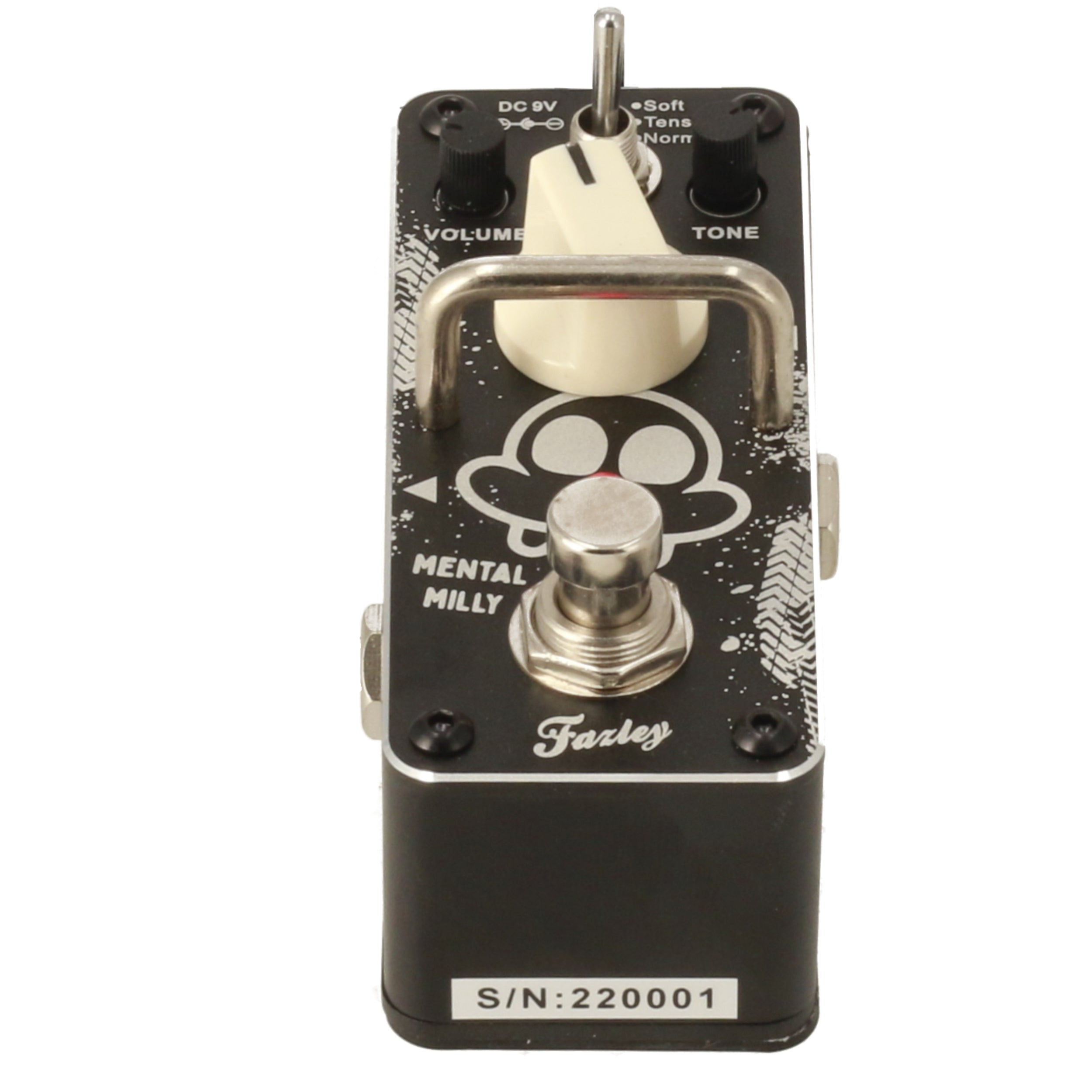 Black guitar effects pedal with "Mental Milly" logo, knobs, and switch.