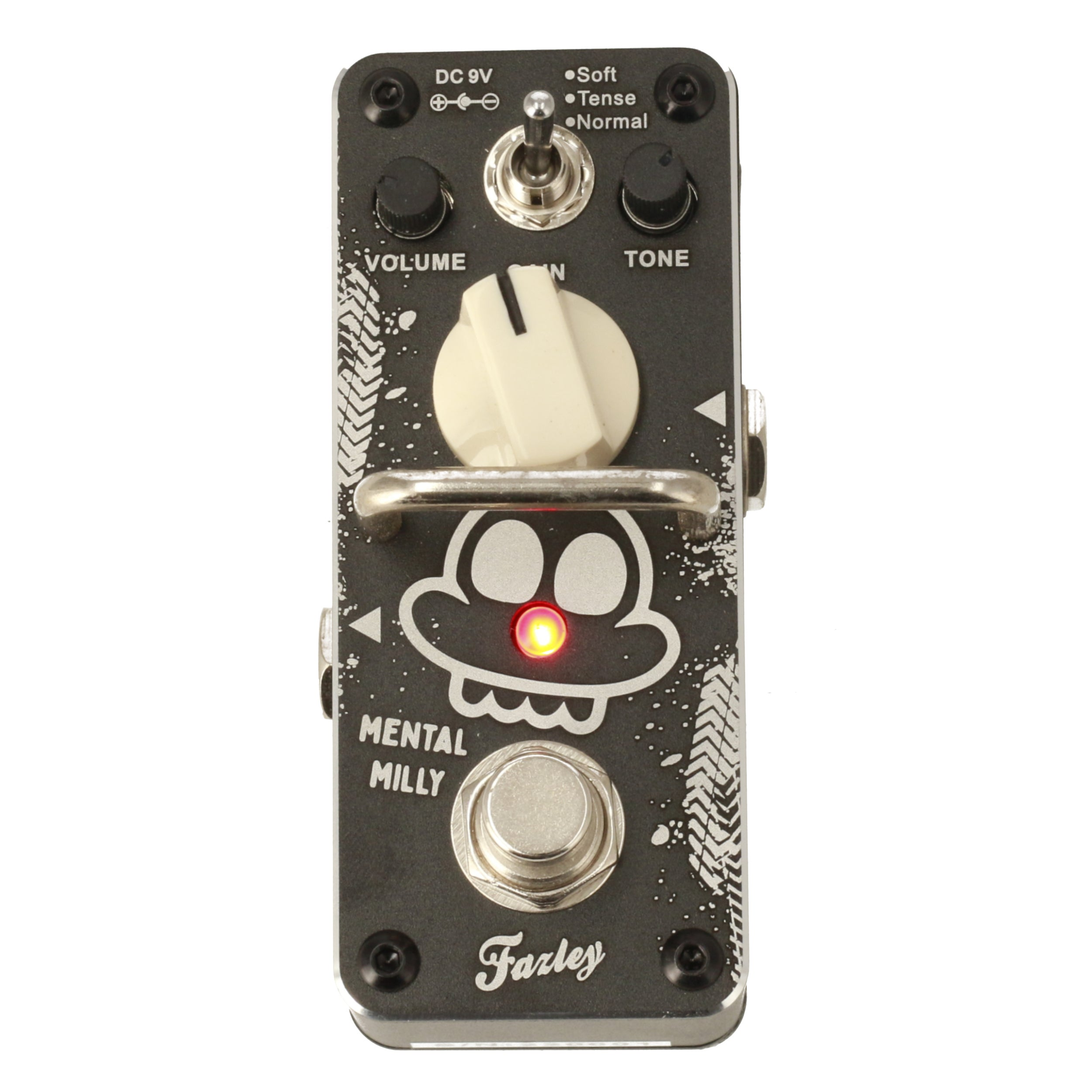 Black effect pedal with white skull graphic, red LED, and silver switch.