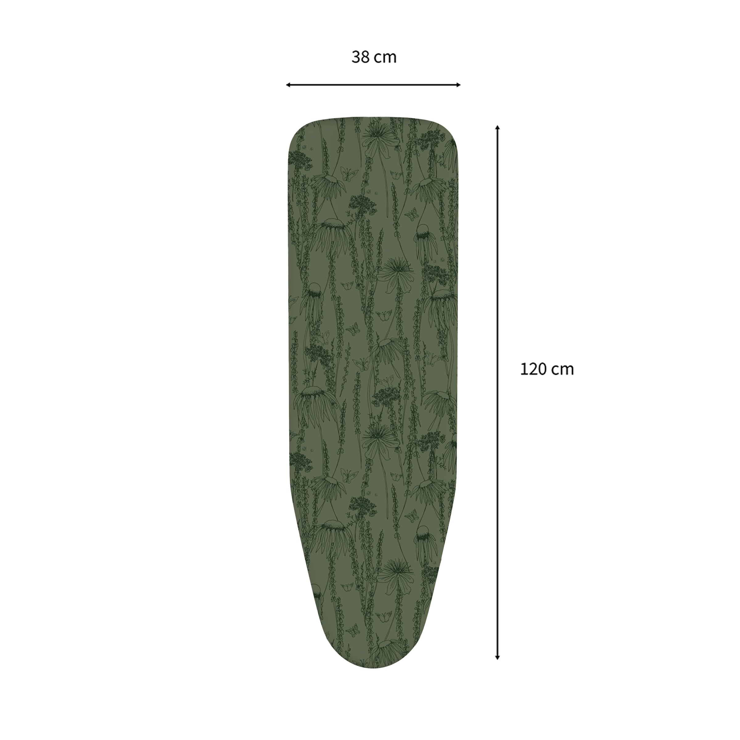 Green ironing board cover with floral and butterfly pattern, 120x38cm.