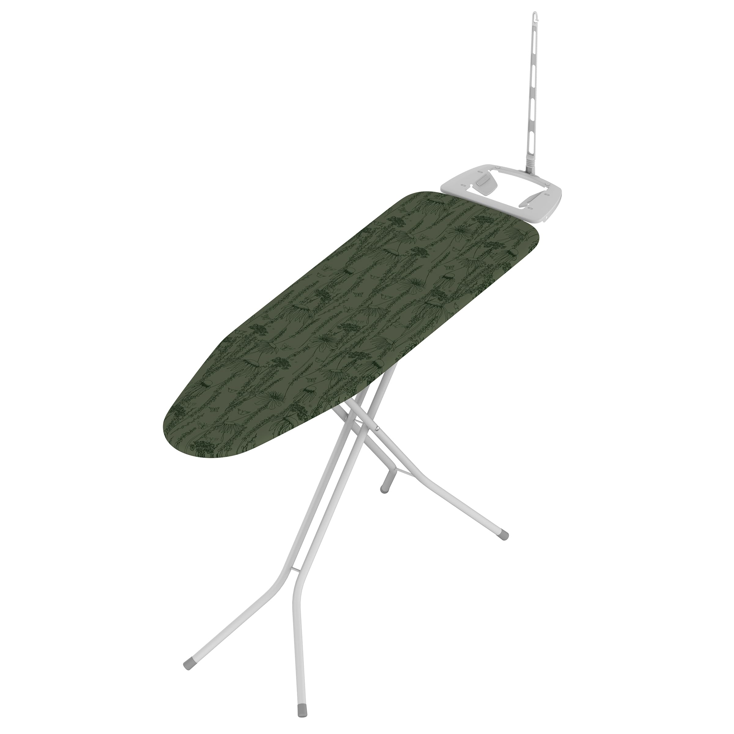 Dark green ironing board cover with floral and butterfly pattern on white frame.