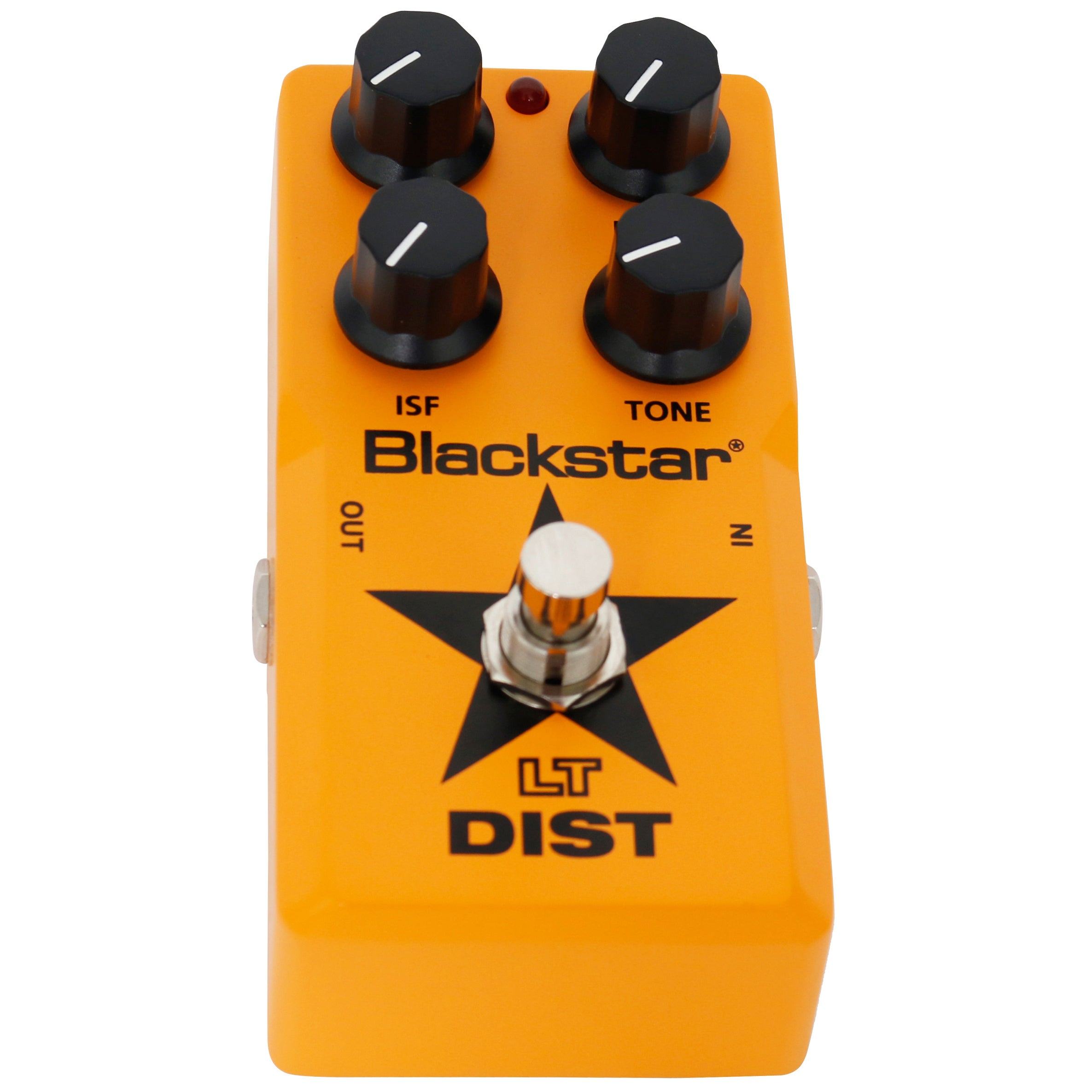 Oranje Blackstar distortion pedaal met vier zwarte knoppen en een voetschakelaar.