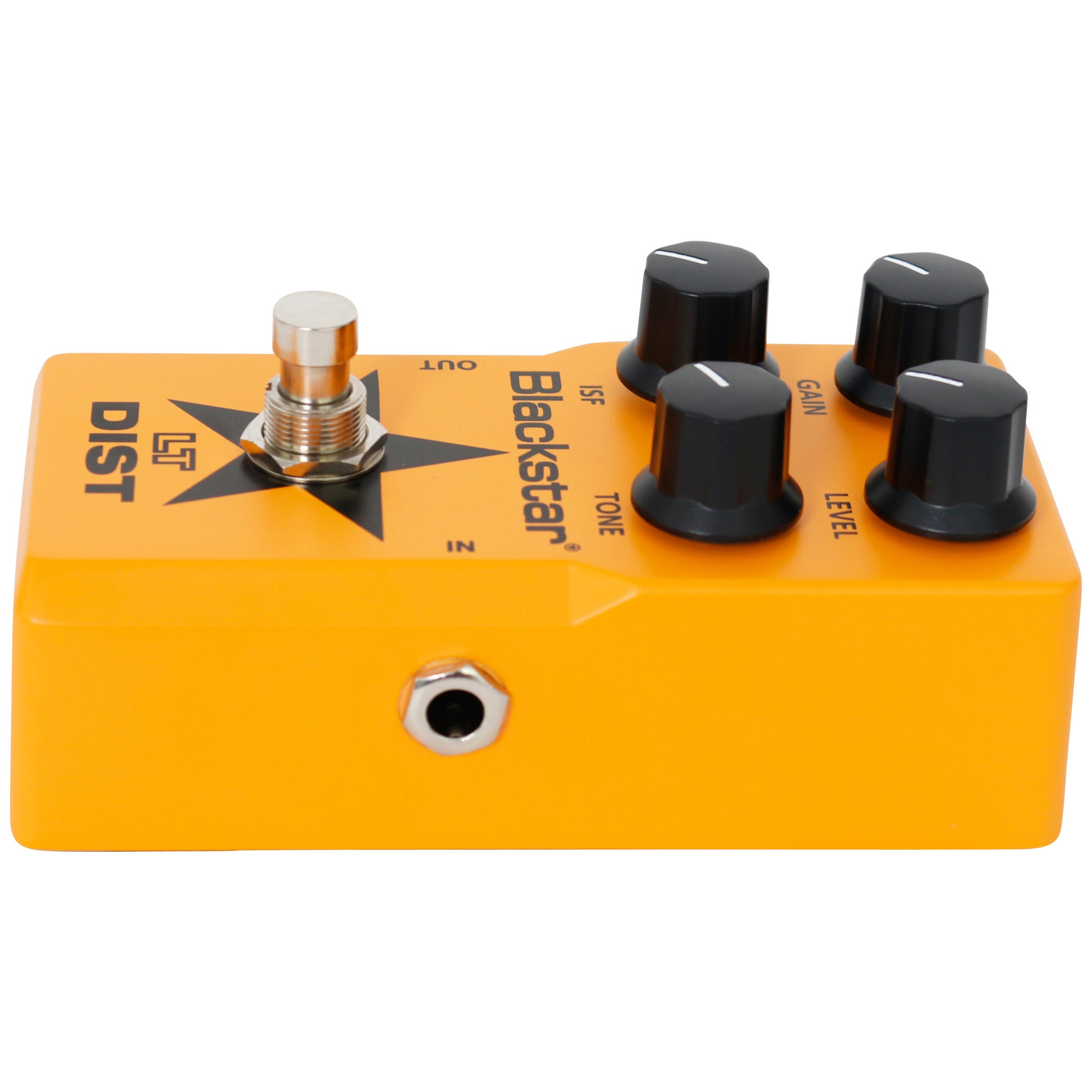 Oranje gitaar effectenunit met vier zwarte knoppen en labels.