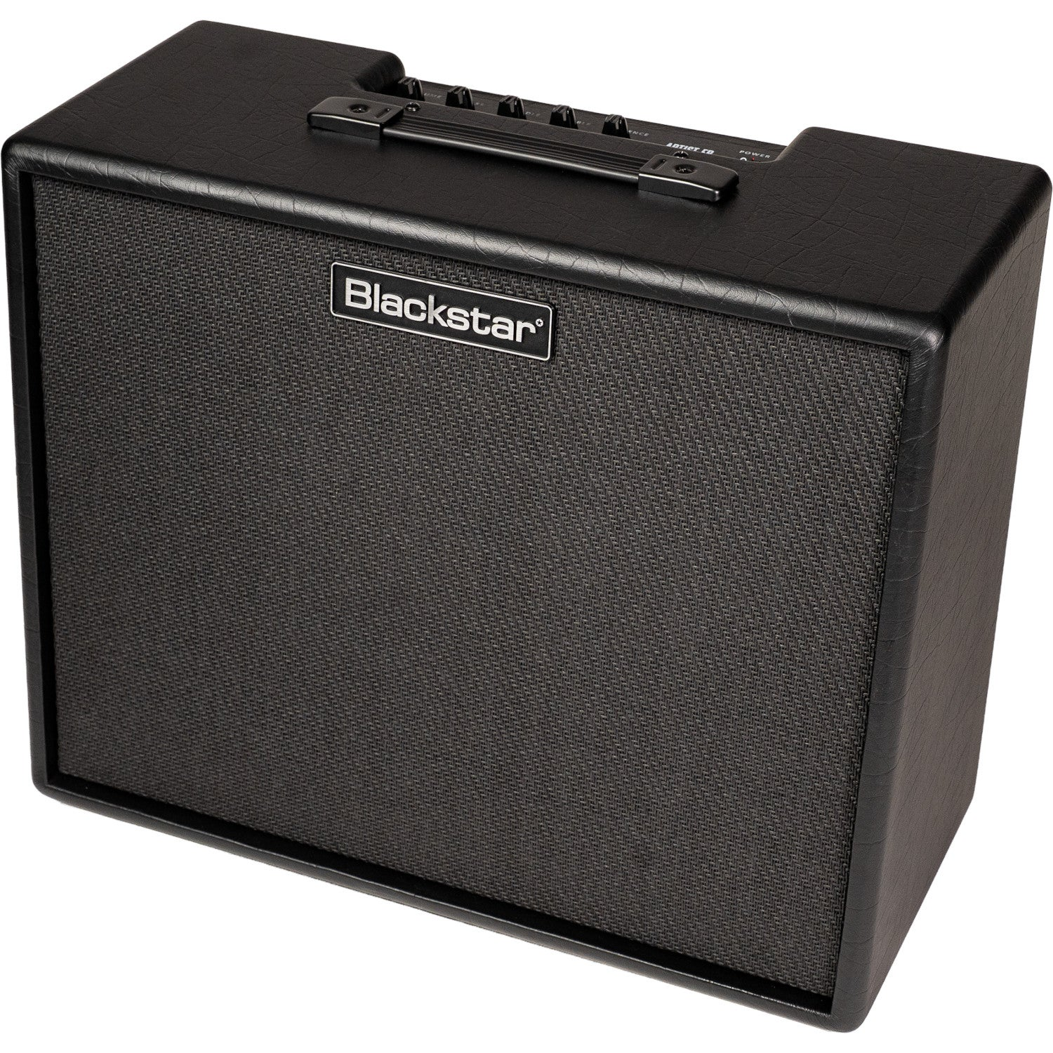 Blackstar gitaarversterker met zwart stoffen grill en handvat.