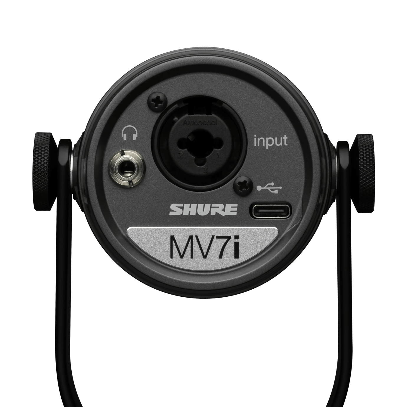 Tył mikrofonu Shure MV7i z portami i etykietami.