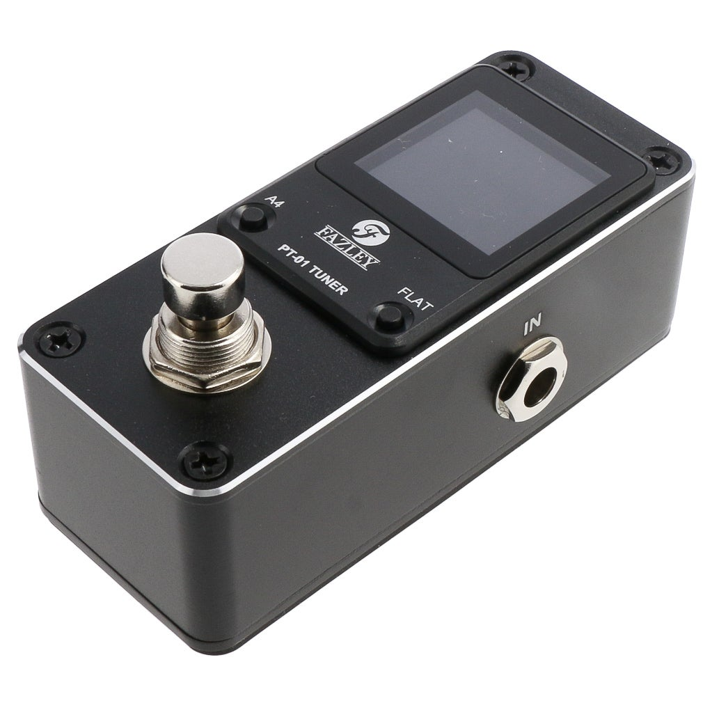 Black Fazley PT-01 stompbox tuner with footswitch, display, and jack input.