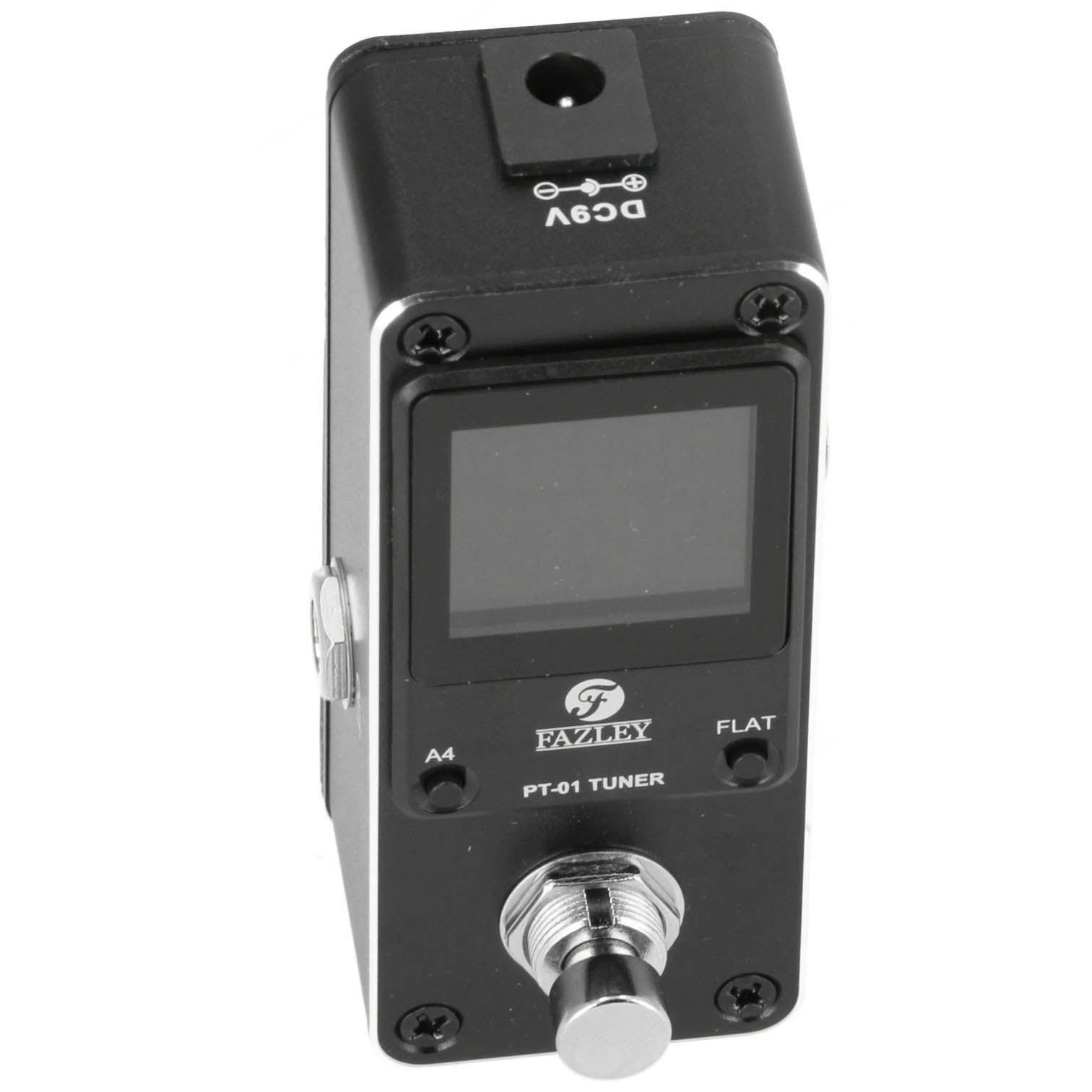A black Fazley PT-01 tuner pedal with a silver footswitch and display screen.