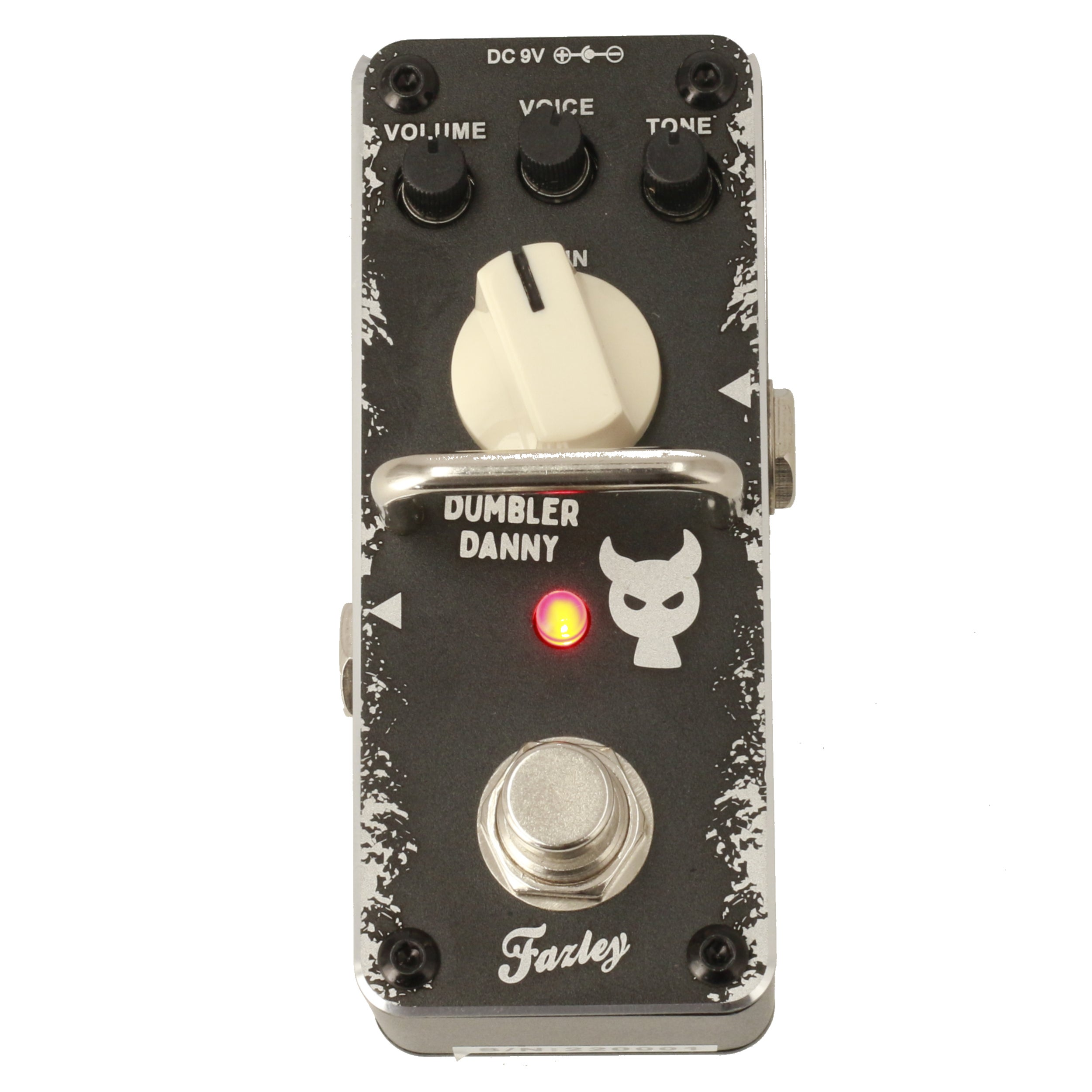 A black guitar effect pedal with three knobs and a footswitch. Illuminated red LED.