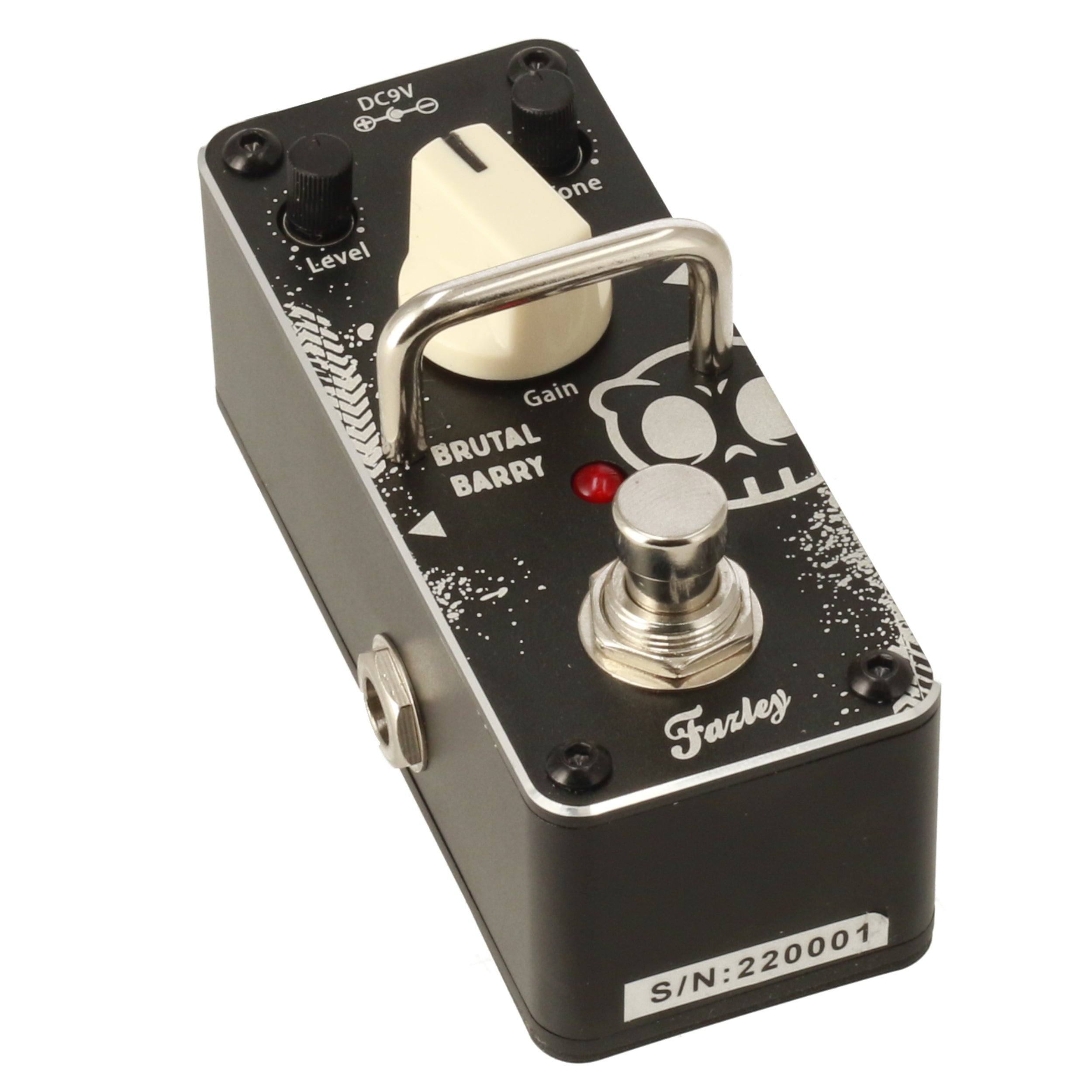 Black effects pedal with silver switch, cream knob, red LED, and 'Brutal Barry' label.