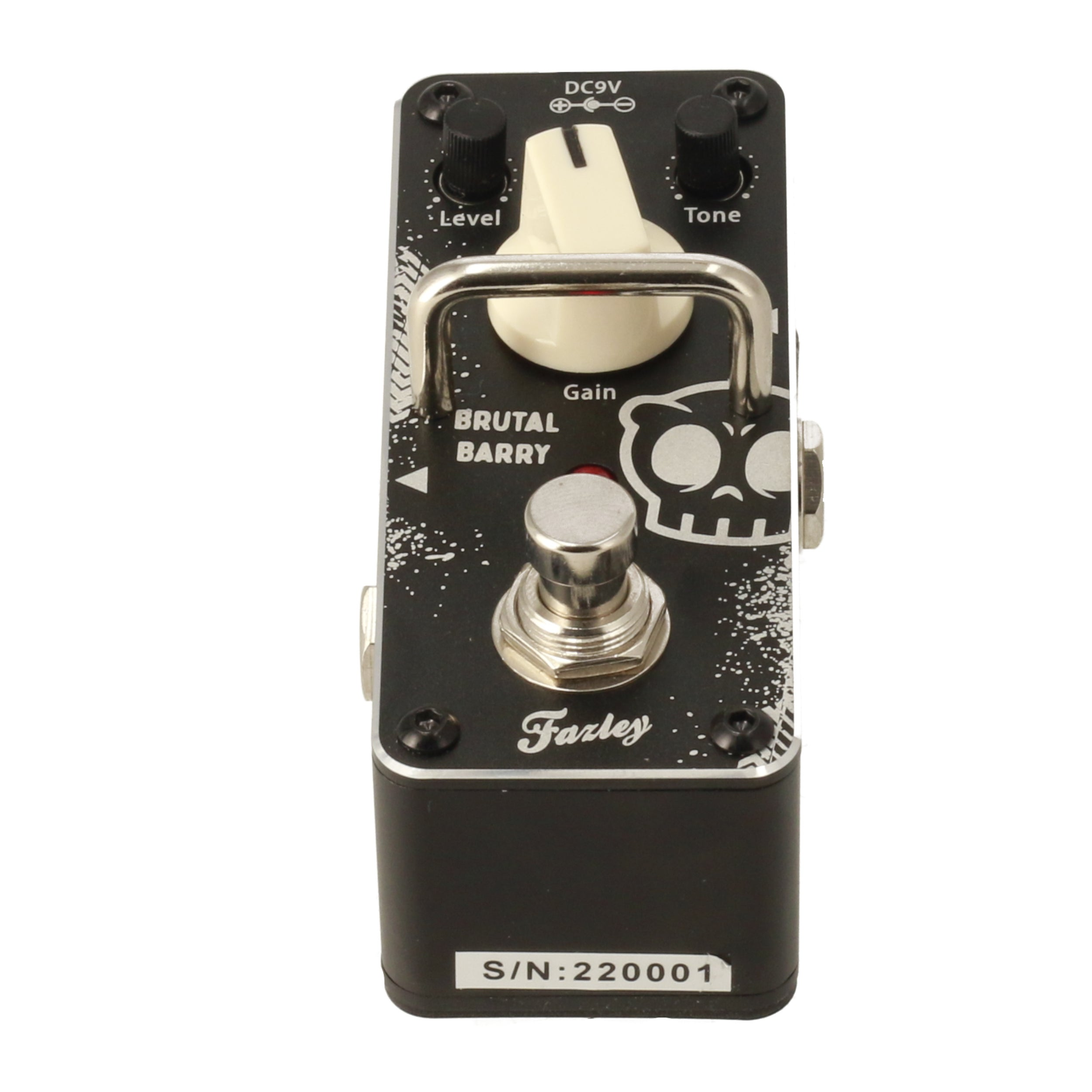 A black "Brutal Barry" guitar effect pedal by "Farley" with a silver footswitch.
