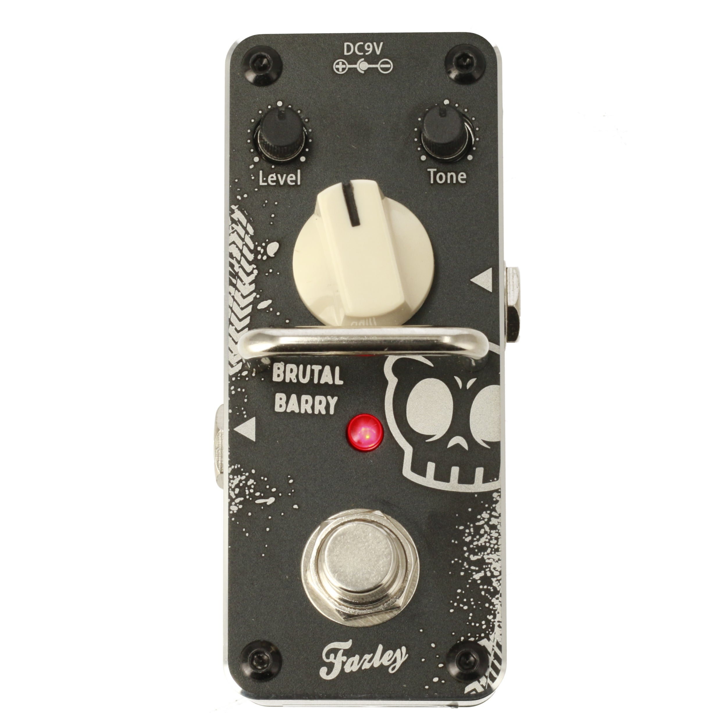 A black guitar effect pedal with a skull graphic and 