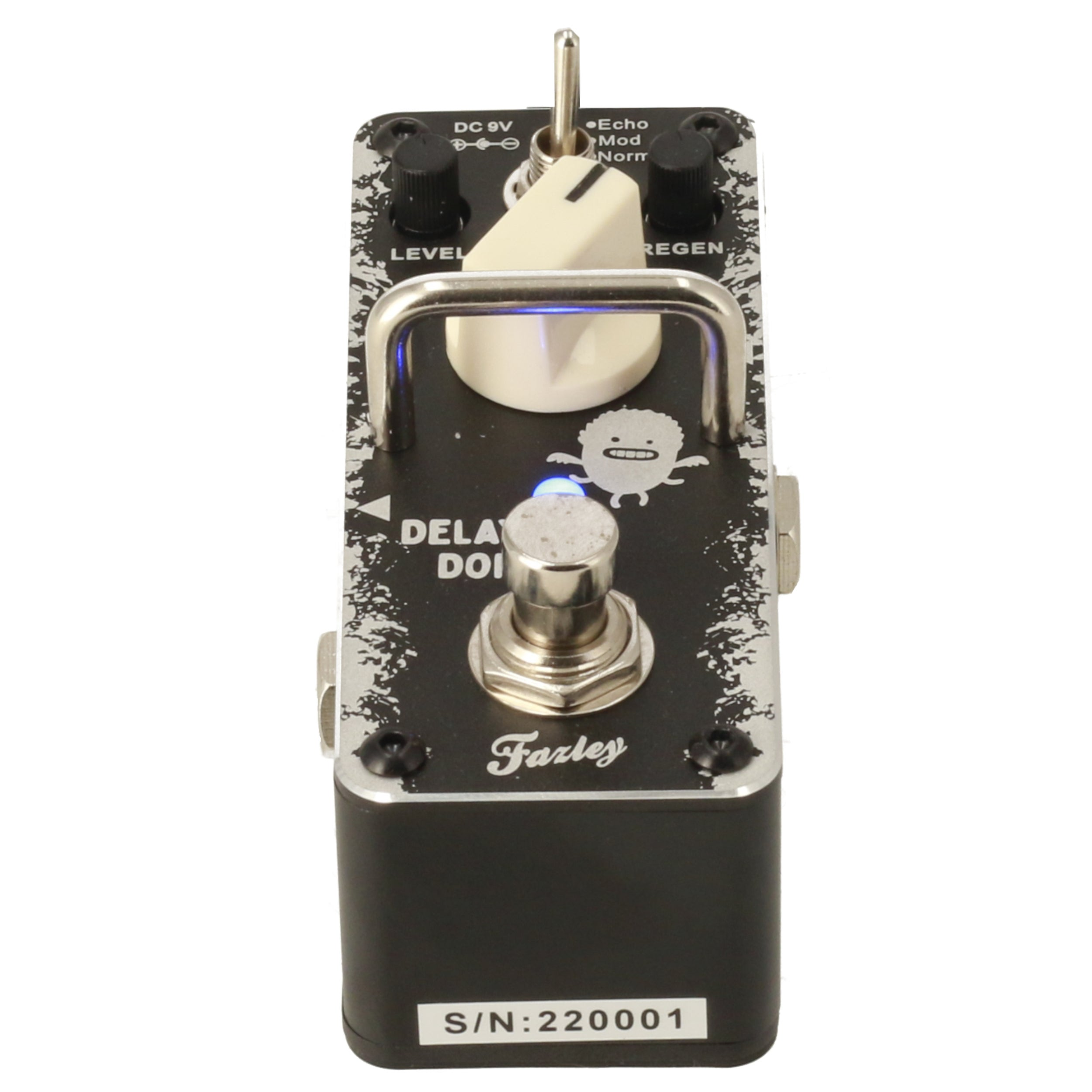 Black effect pedal with silver handle, knobs, and switch. S/N:220001.