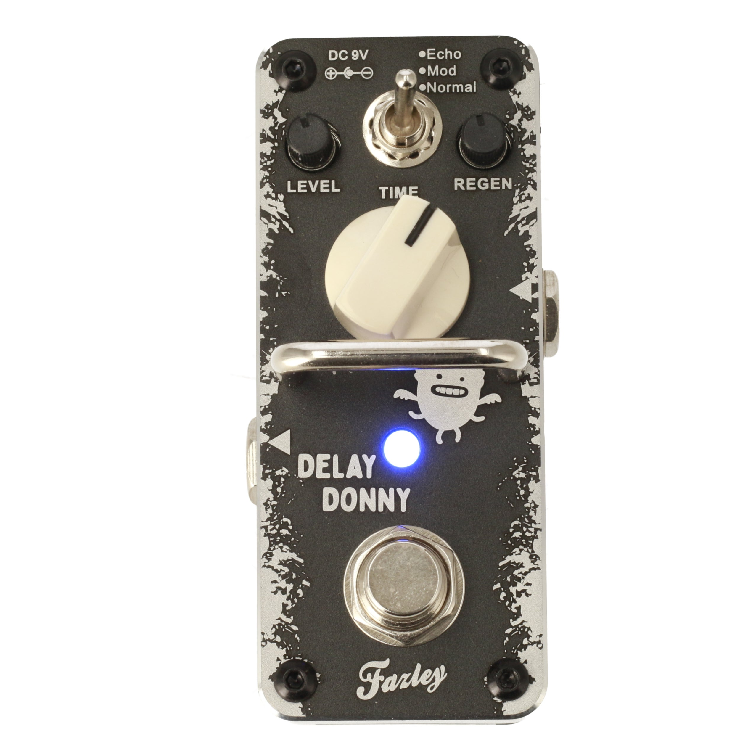 A silver delay pedal with black print and knobs.