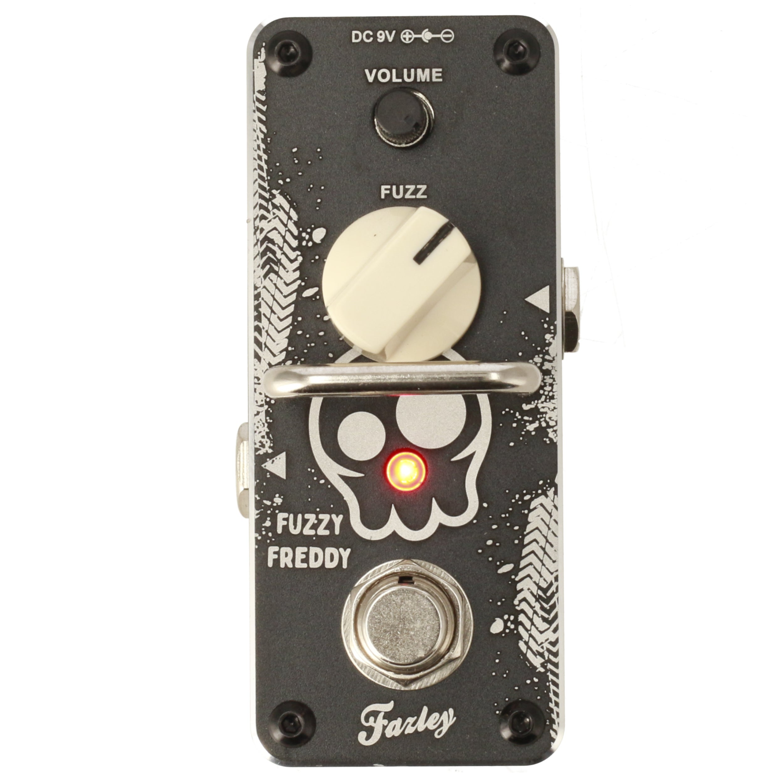 A black guitar effects pedal featuring a white skull design and a red LED.