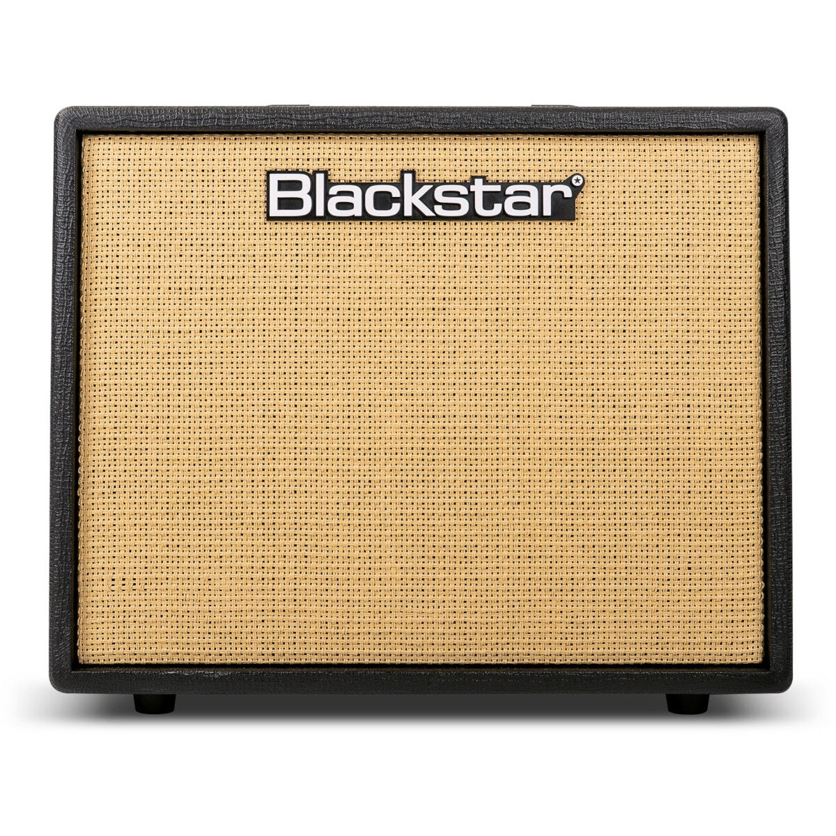 Een zwarte Blackstar gitaarversterker met beige luidsprekergrill en logo.