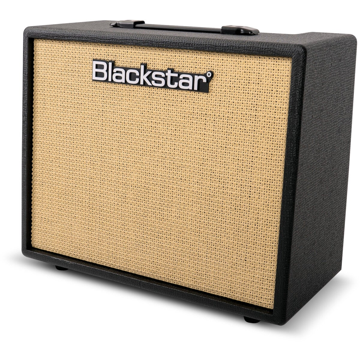 Een zwarte gitaarversterker met een beige stoffen voorkant en het Blackstar-logo.