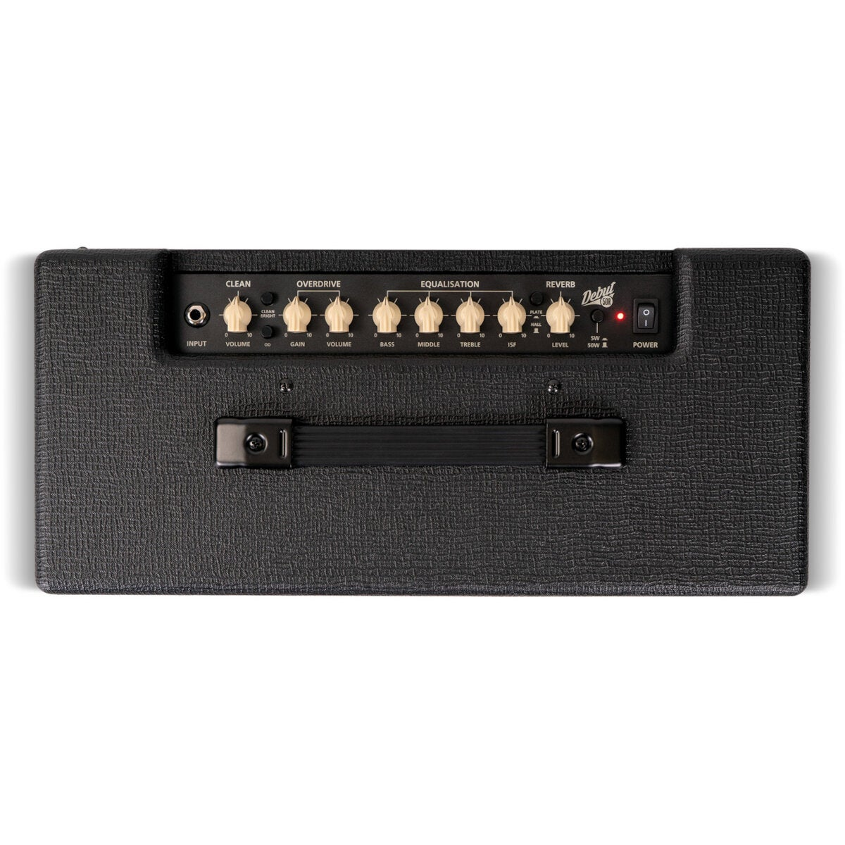 Zwarte gitaarversterker met knoppen voor volume, gain, bas, midden, treble en reverb.