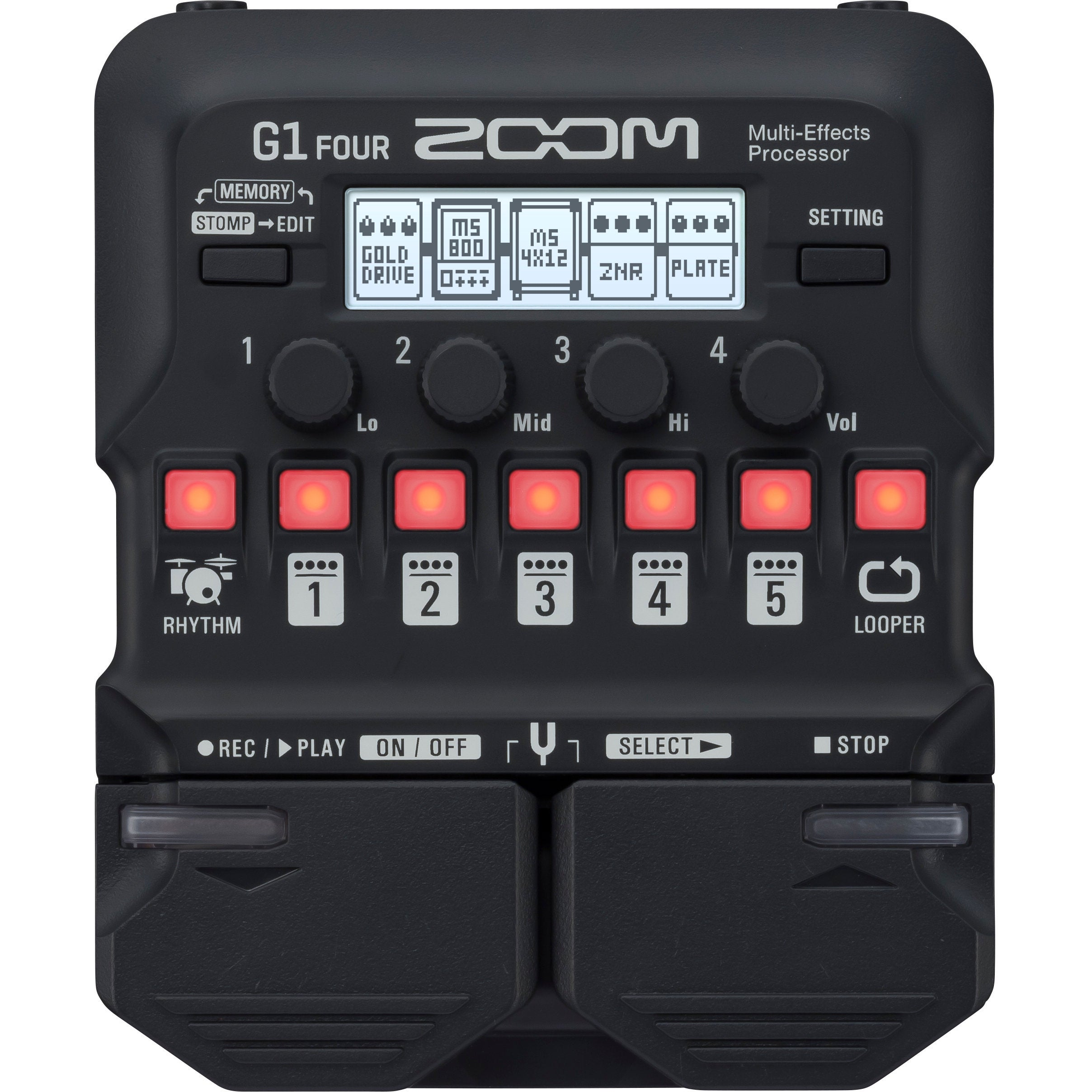 Black Zoom G1 Four multi-effects processor with knobs, lights, and displays.