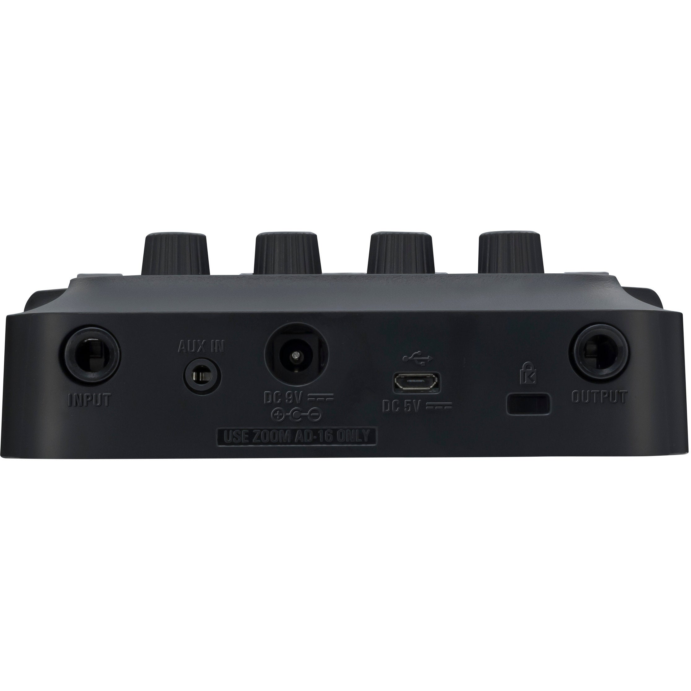 Black audio device with knobs, input/output jacks, and USB port.