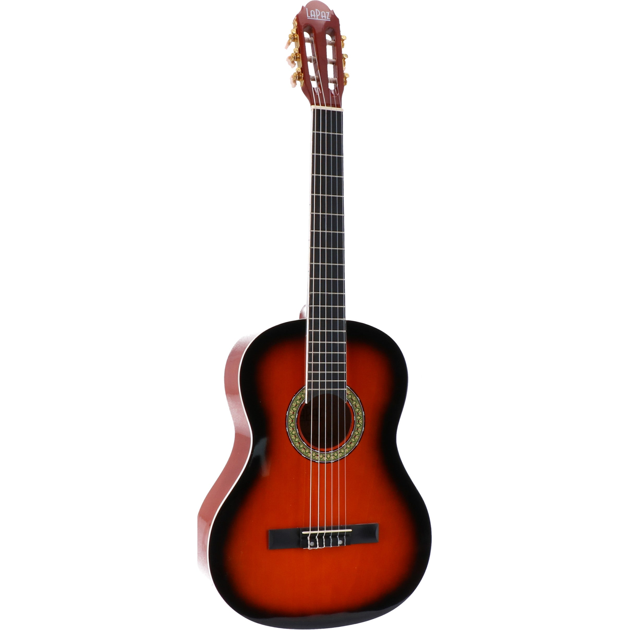 Een klassieke gitaar met een rood lichaam en zwarte randen.