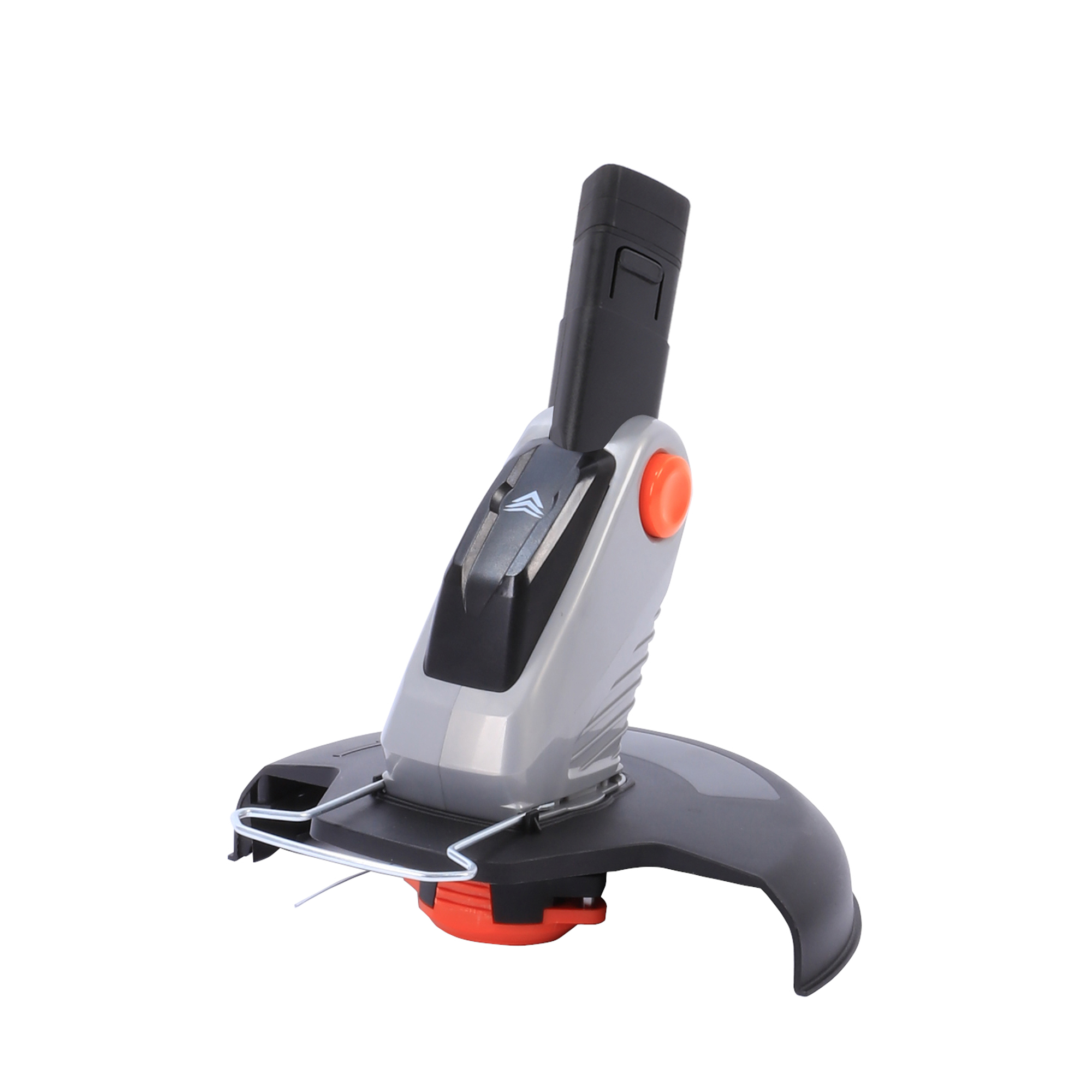 Ein kabelloser Trimmer mit silbernem, grauem und schwarzem Gehäuse und einem orangen Knopf.