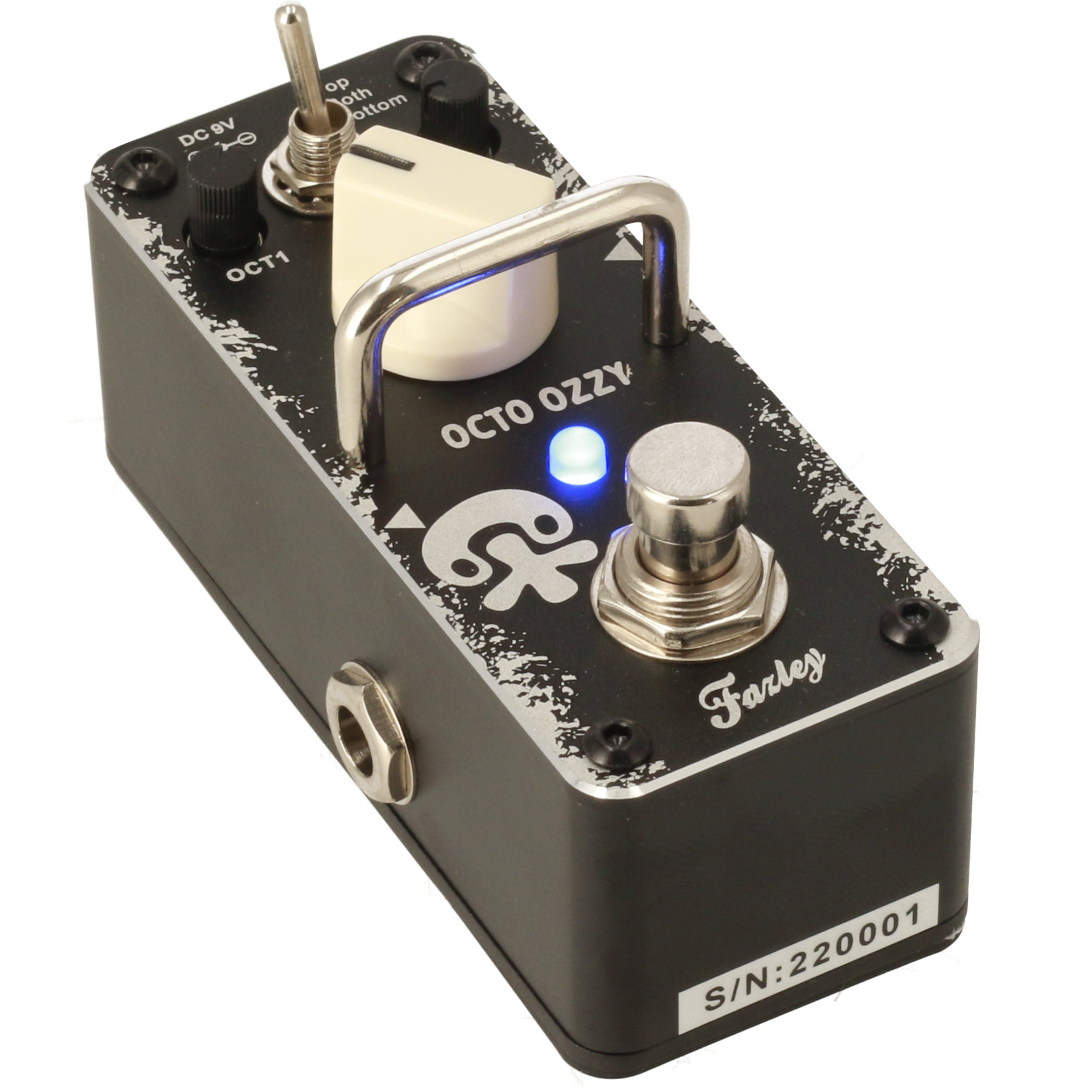 Black guitar effect pedal with silver controls and a blue indicator light.