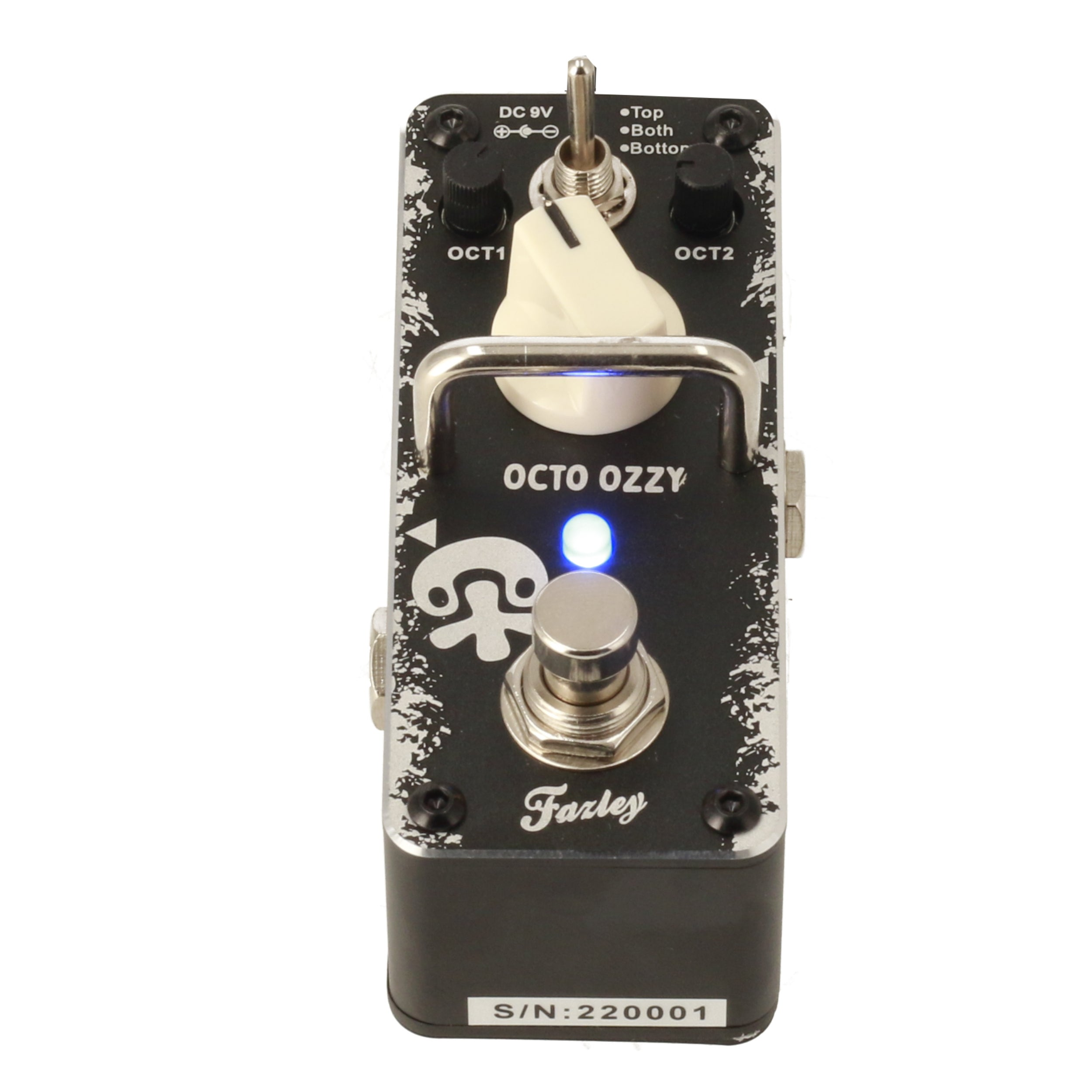 Black Octo Ozzy guitar pedal with white text and controls, including a large white toggle switch and a blue LED.