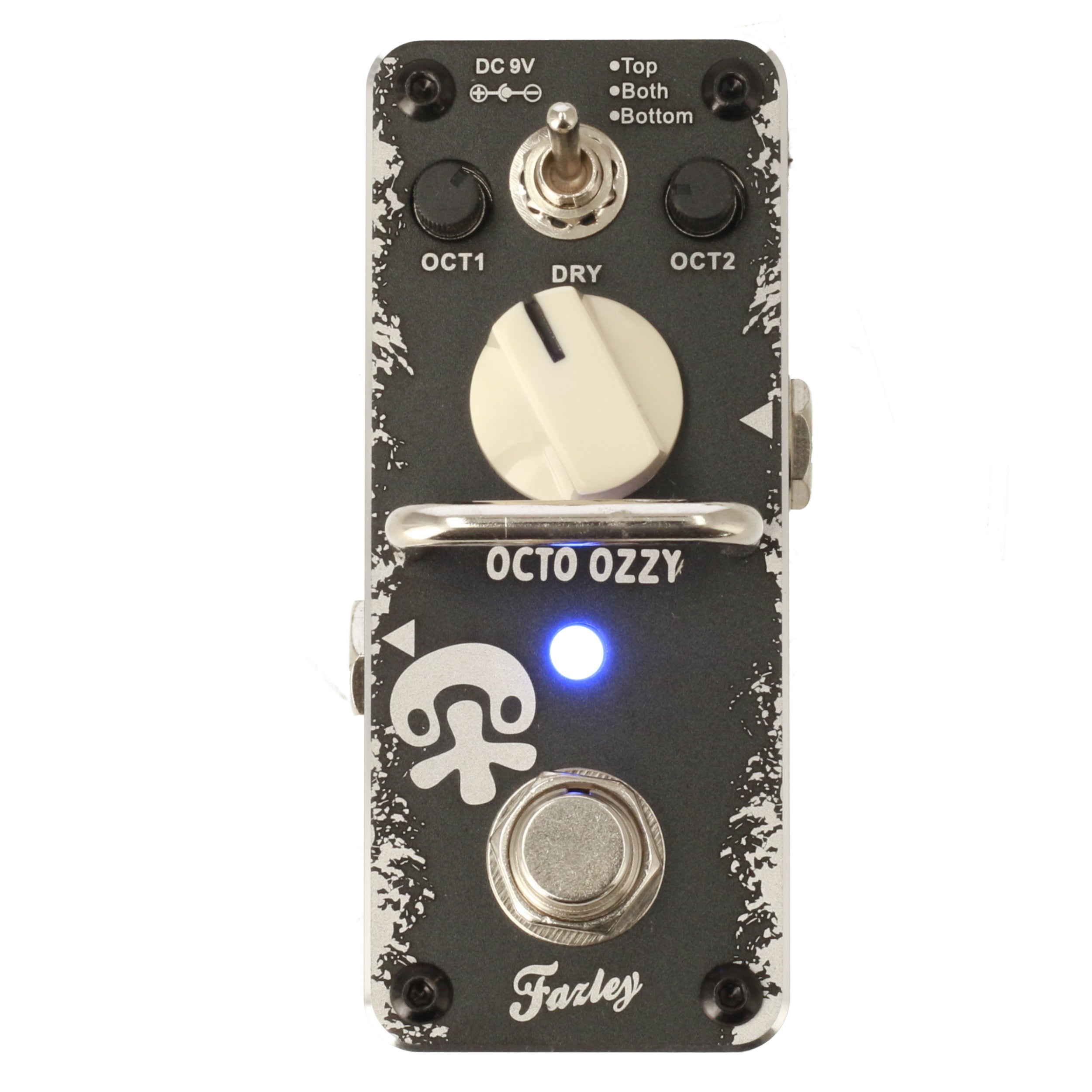 A black effect pedal with a white knob, toggle switch, and blue LED.