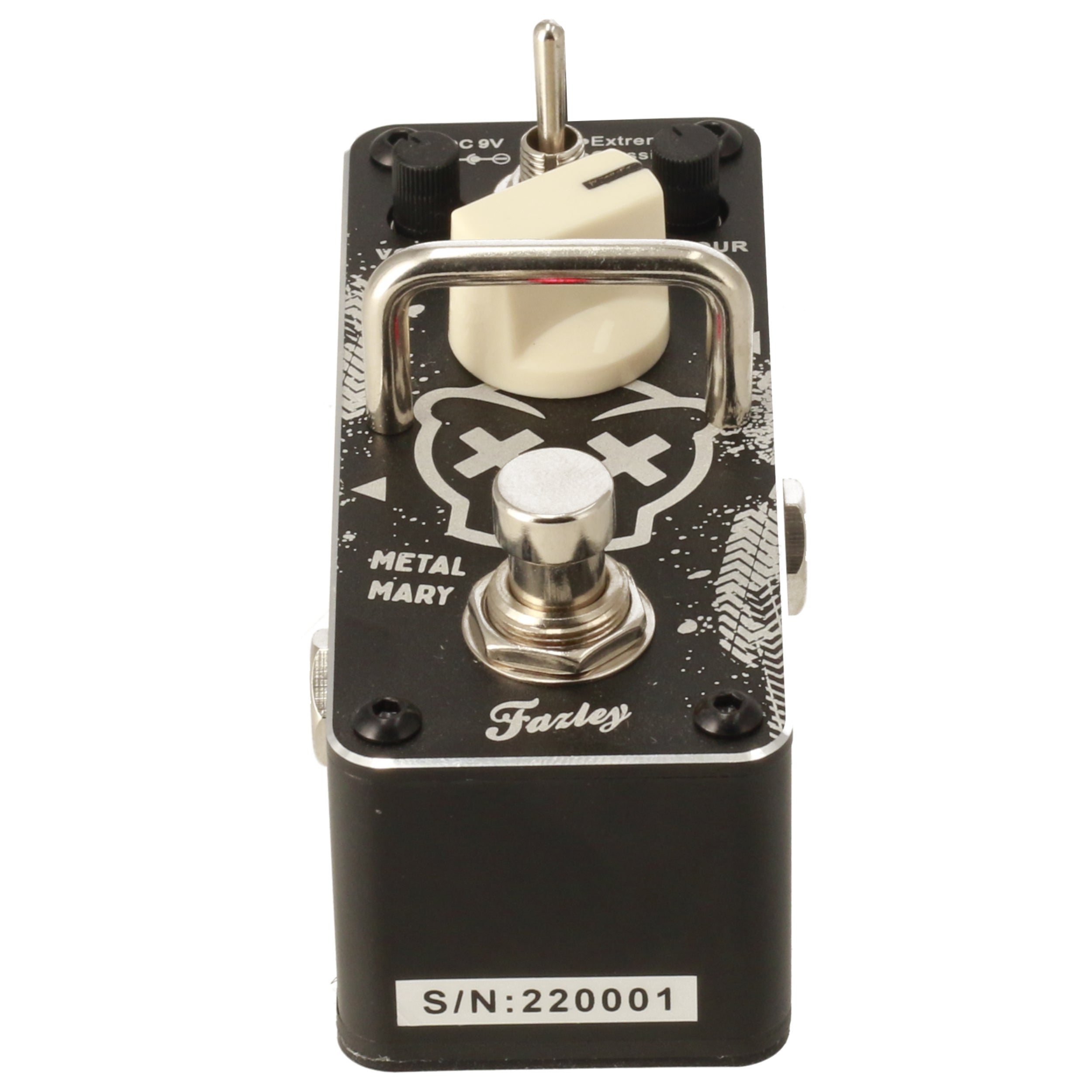 Black effect pedal with silver switch and white knobs. Serial number visible.