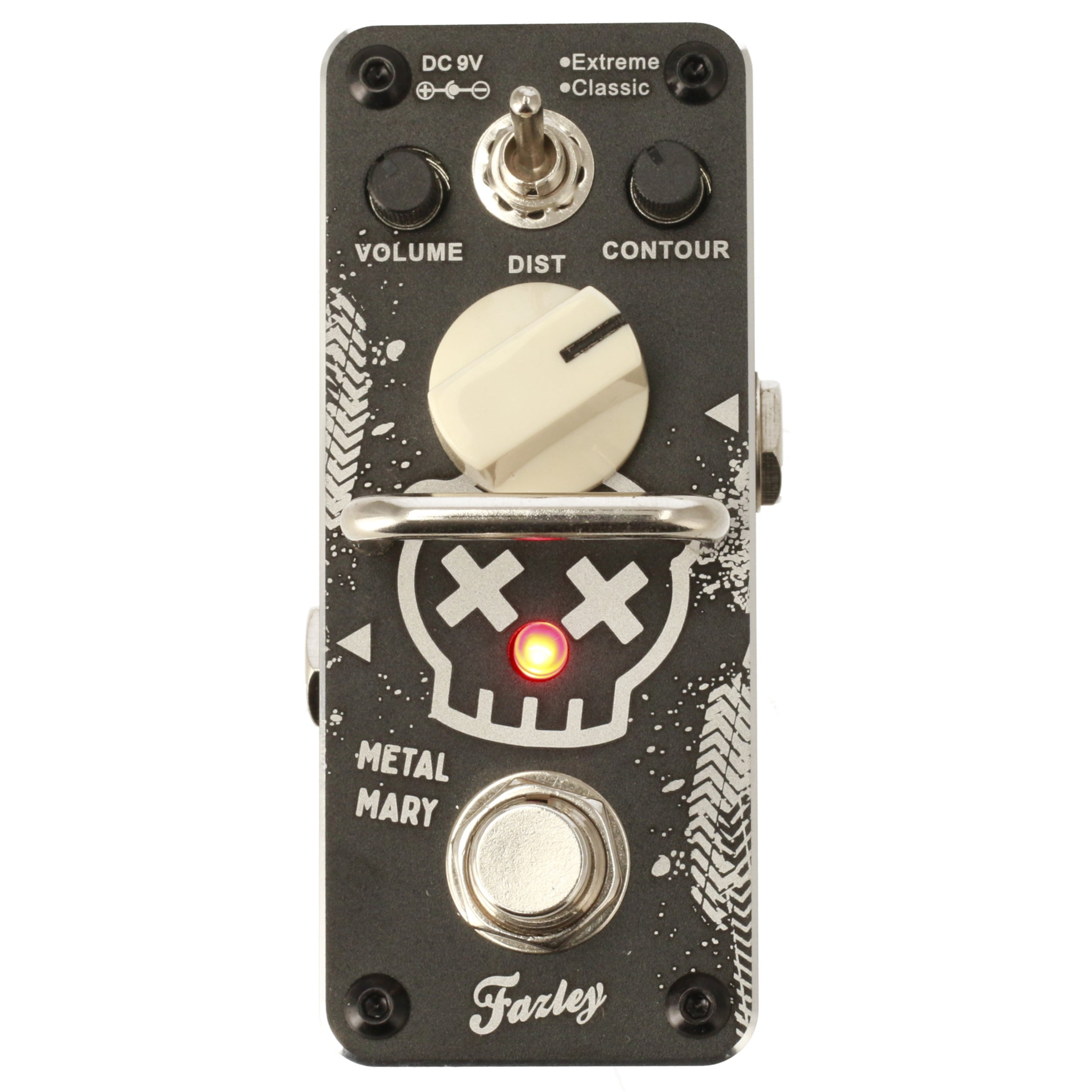 A dark guitar pedal with a skull design, red light, and white knobs.