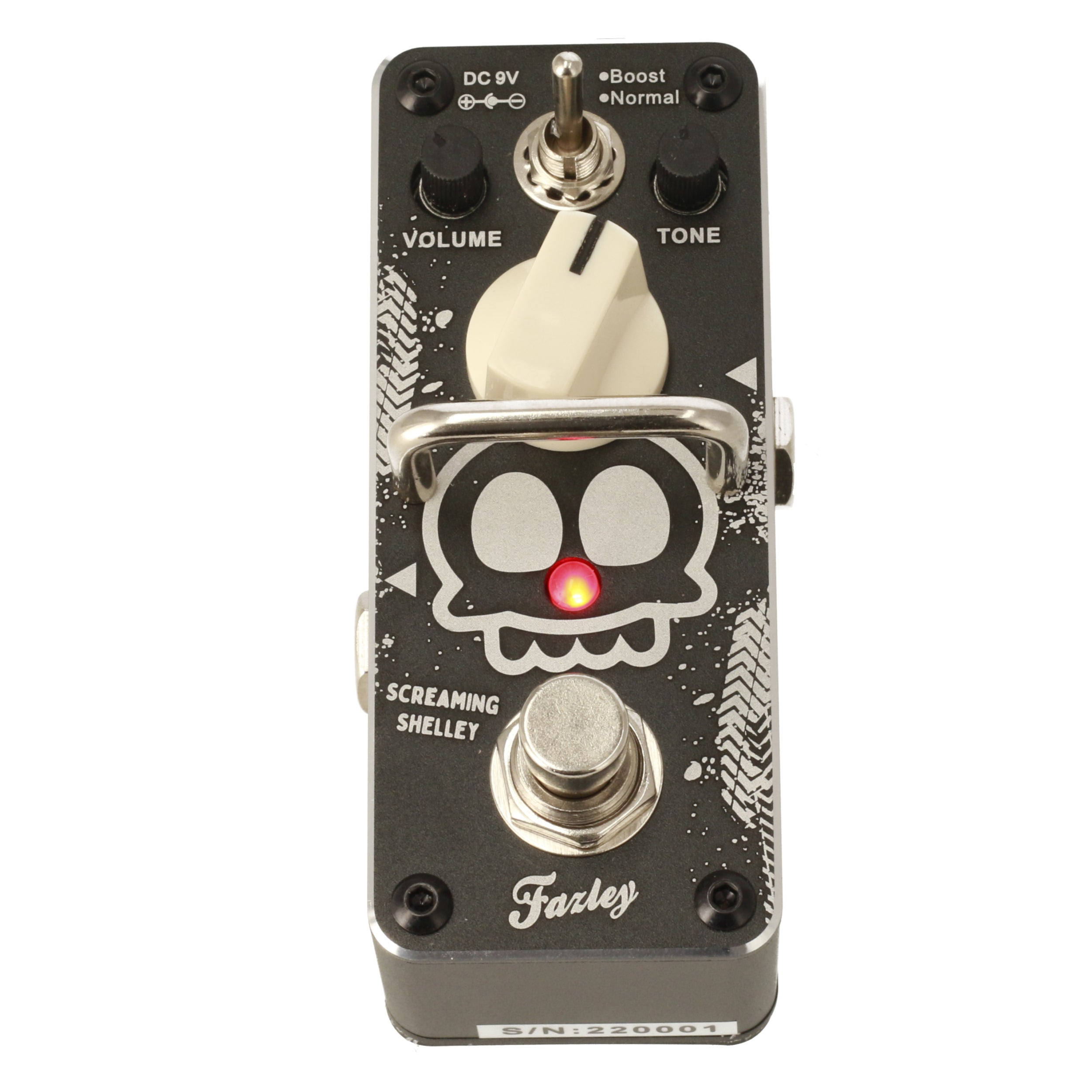 A black guitar effect pedal with a skull design, red LED, and silver controls.