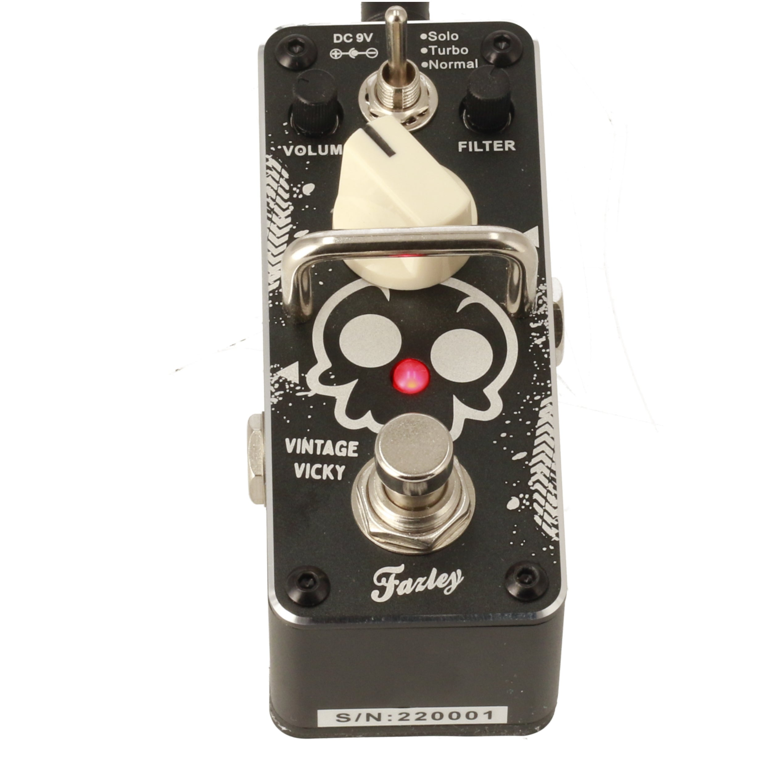 Black stompbox effect pedal with skull graphic, white knob, toggle switch, and red LED.