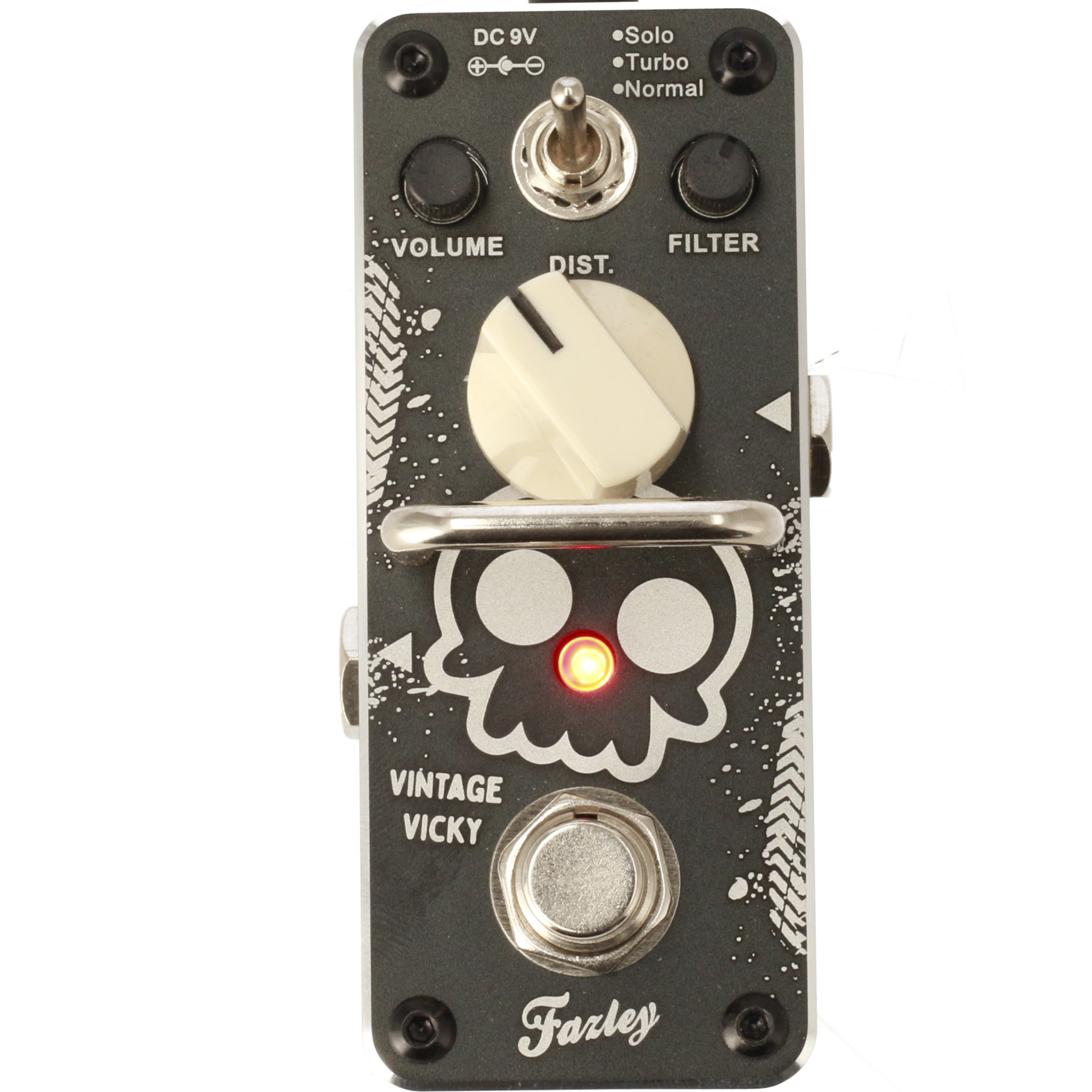 A black guitar pedal with a skull design, red light, and white text labels.