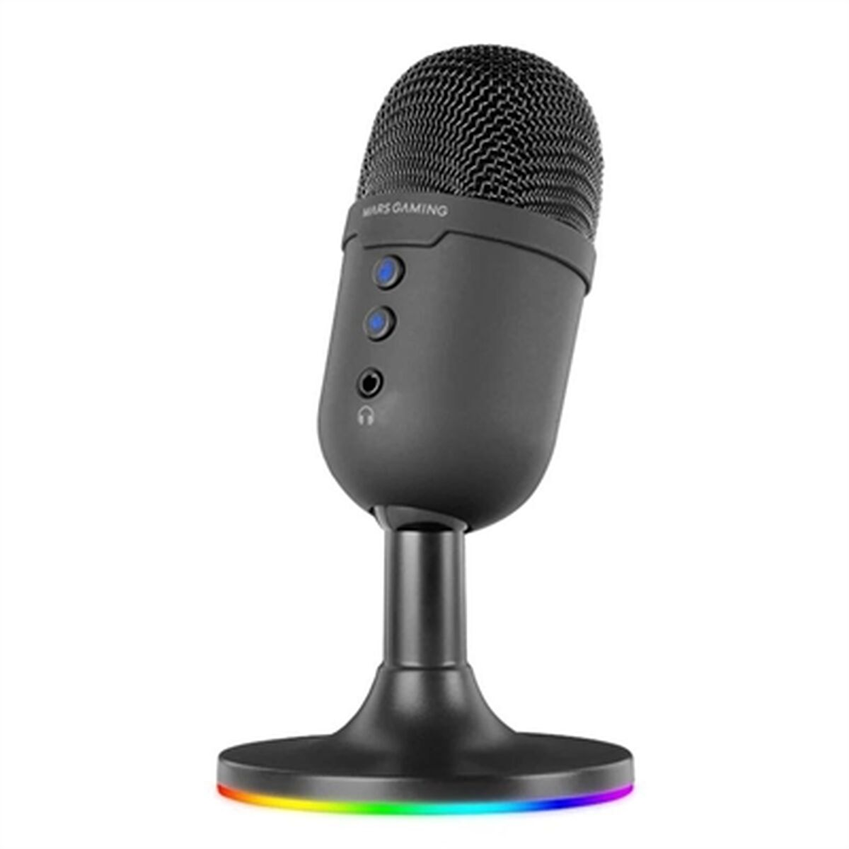 Un microfono nero con illuminazione RGB sul suo supporto.