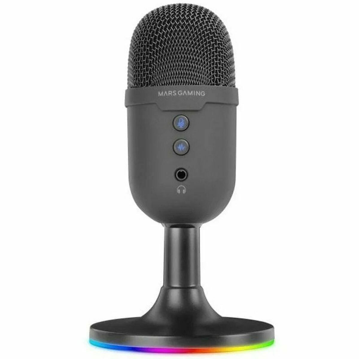 Microfono grigio con illuminazione RGB sul supporto. Pulsanti di controllo visibili.