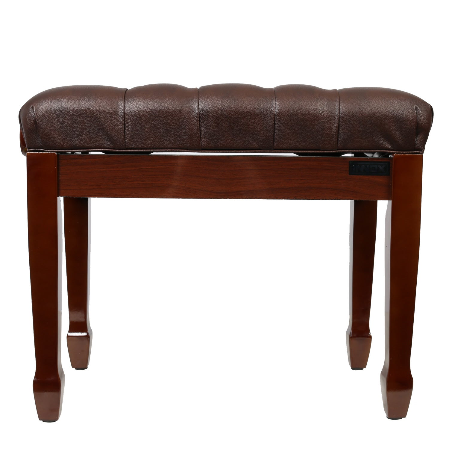 A brown, tufted piano bench with four wooden legs.
