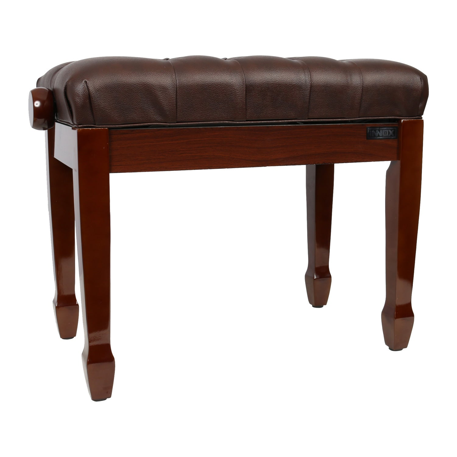 A brown, tufted piano bench with a wooden frame and four legs.