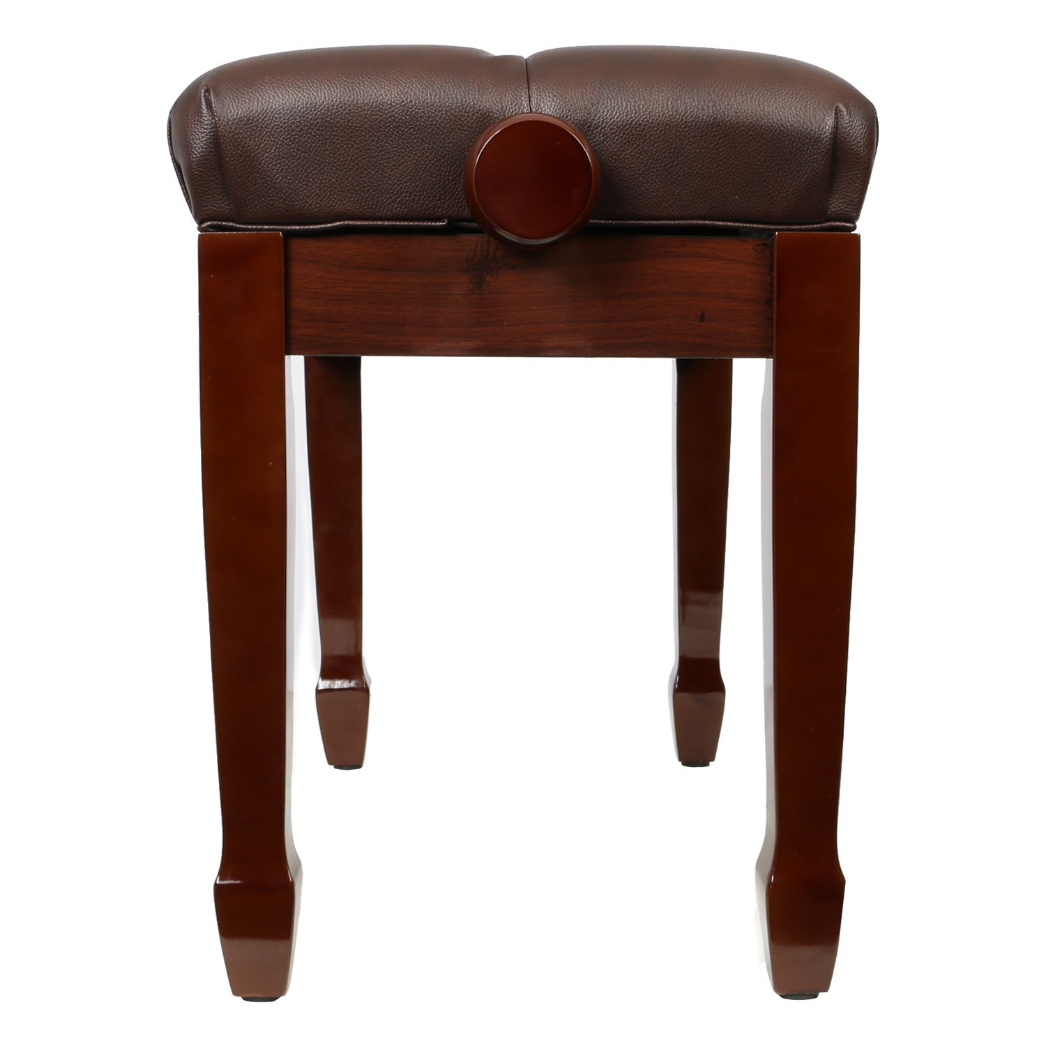 A brown upholstered piano bench with wooden legs.