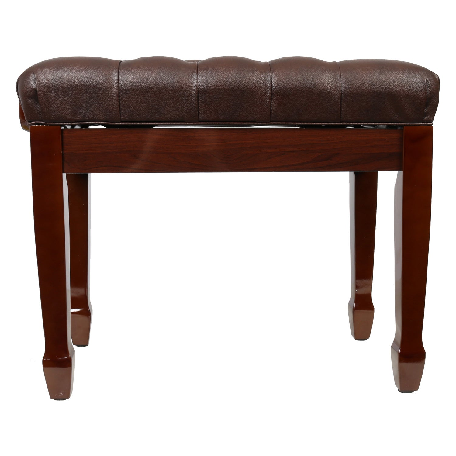 A brown tufted ottoman with wooden legs on a white background.