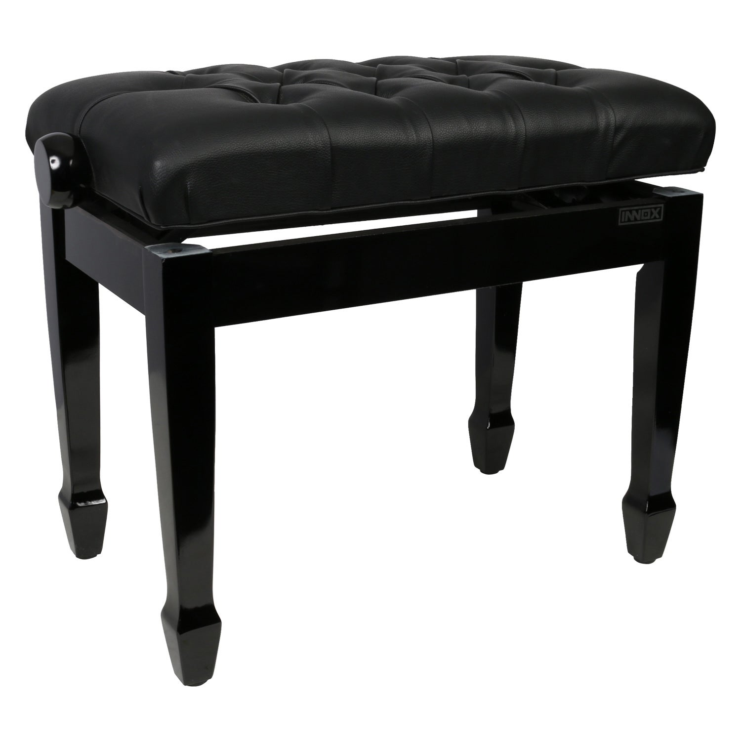 A black piano bench with a tufted seat and four legs.