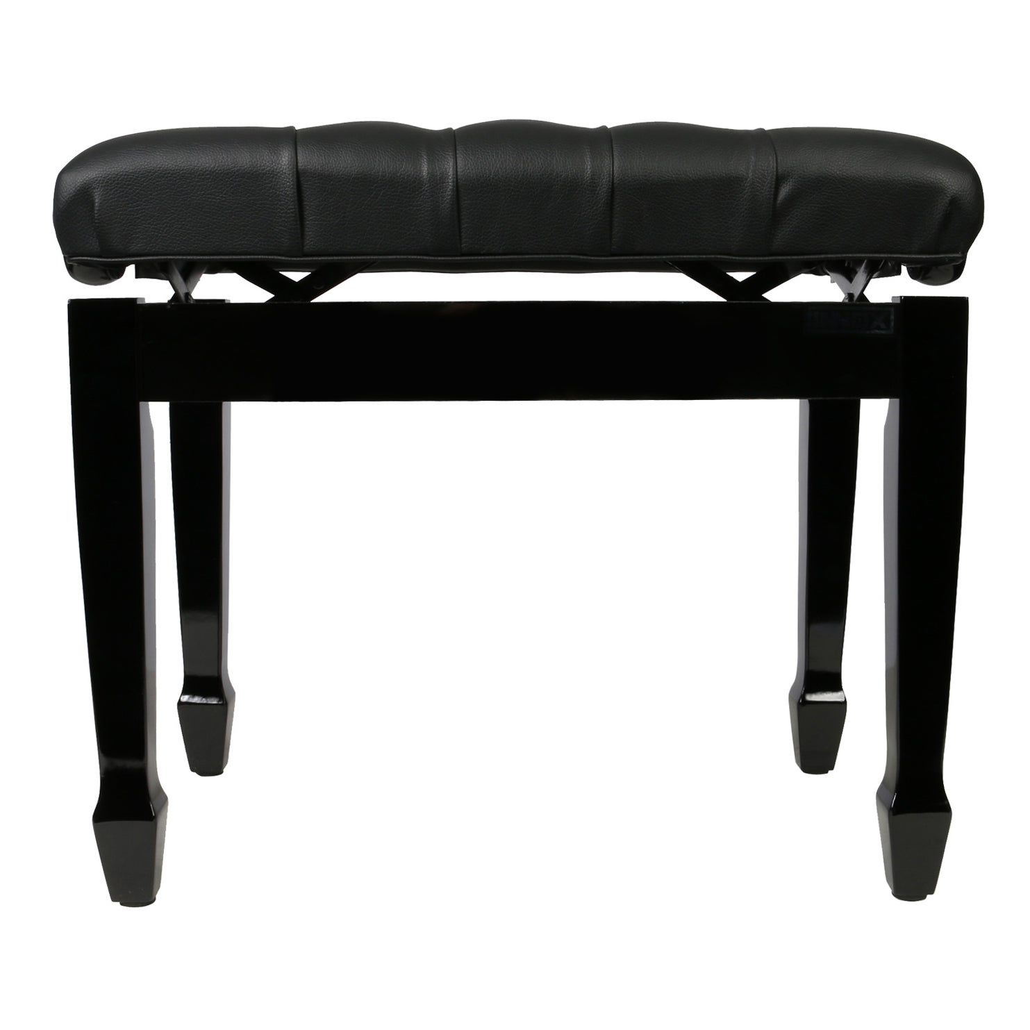 A black piano bench with a padded seat and four legs.