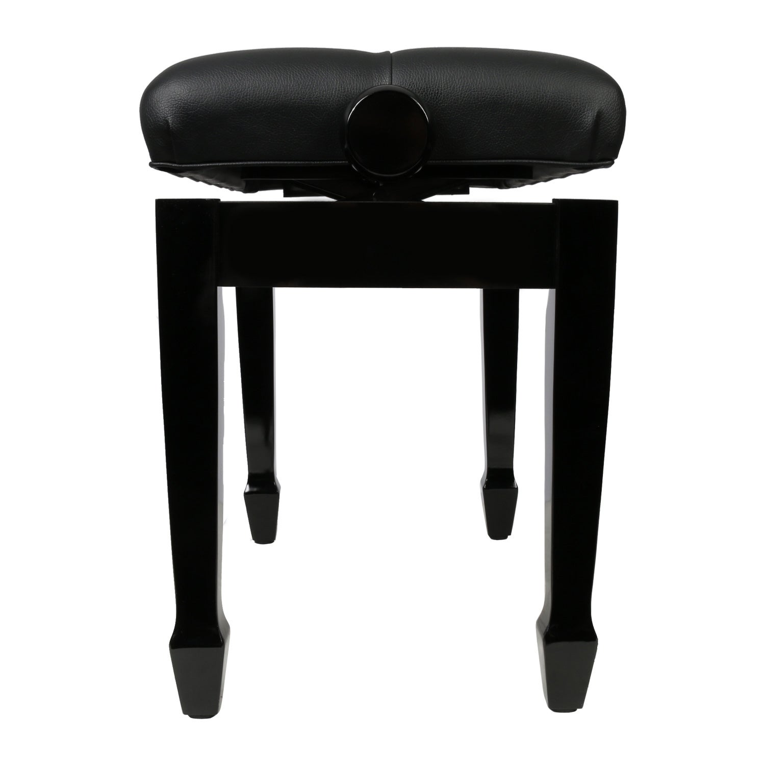 A black piano bench with a padded seat and four legs.